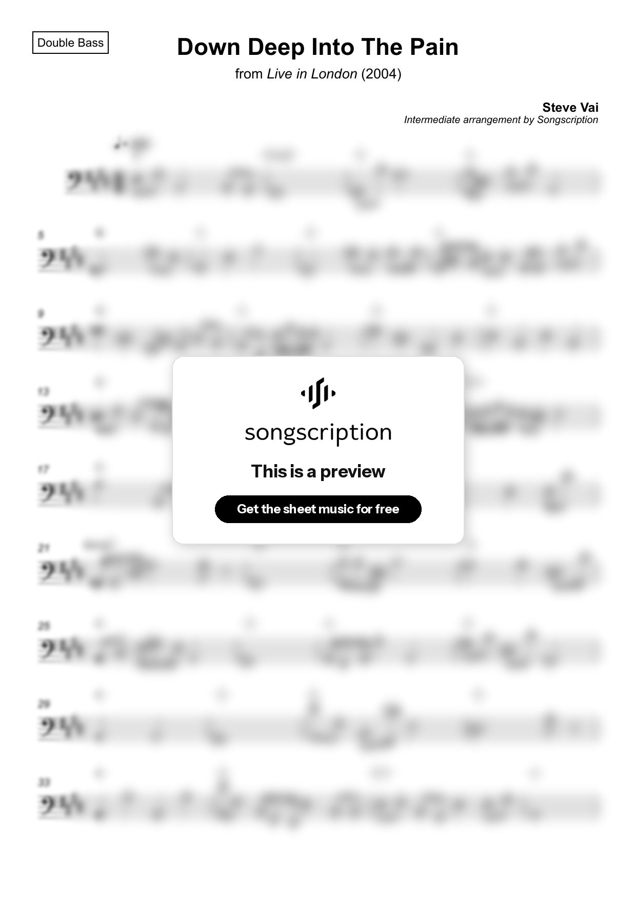 Intermediate Double Bass Sheet Music for "Down Deep Into The Pain" by Steve Vai