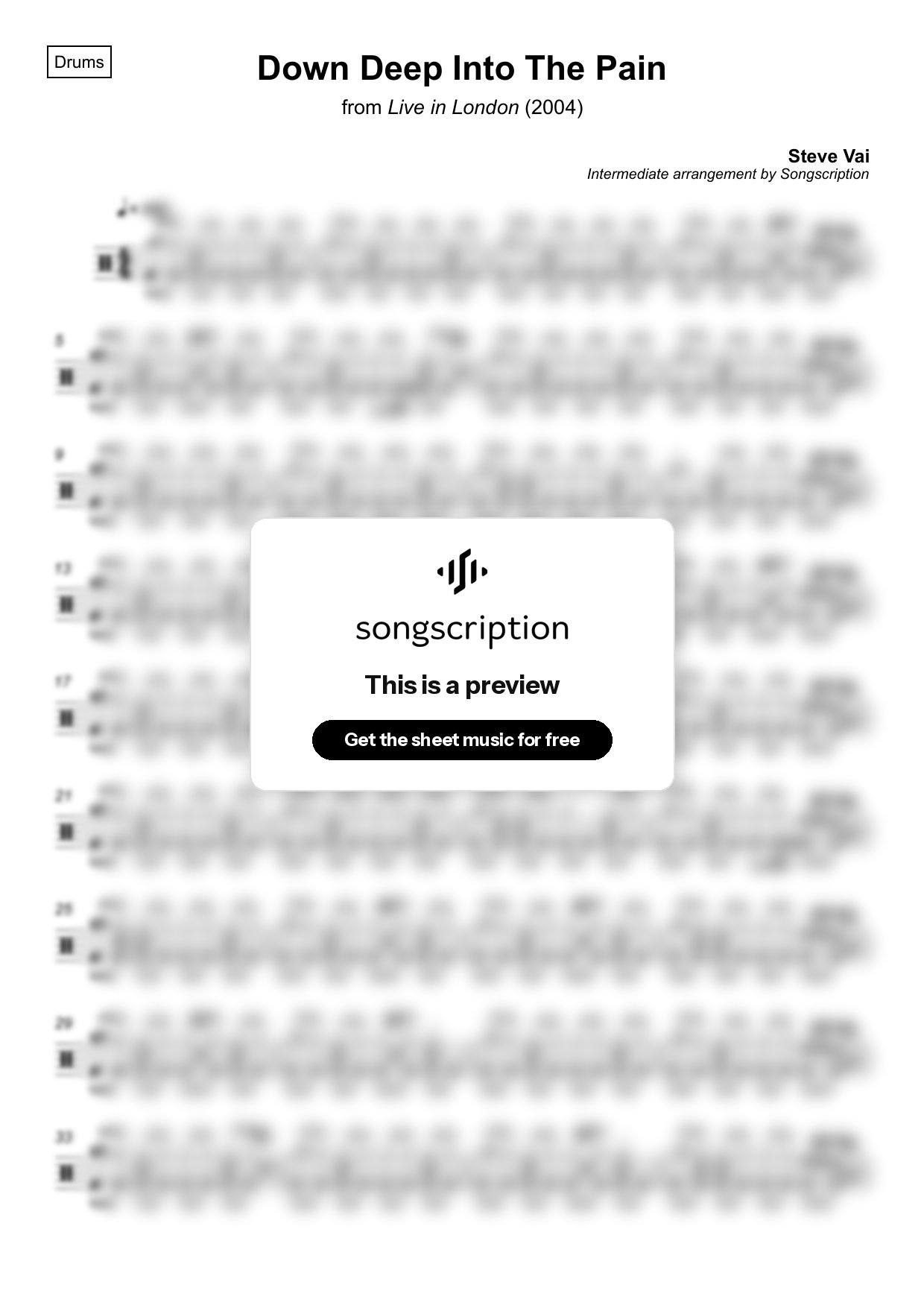Intermediate Drums Sheet Music for "Down Deep Into The Pain" by Steve Vai