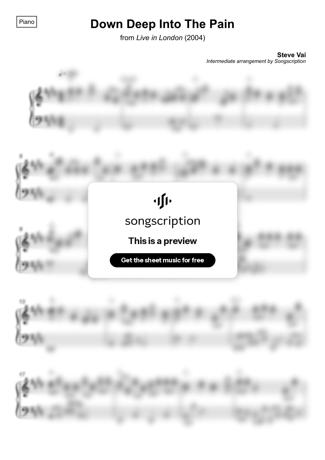 Intermediate Piano Sheet Music for "Down Deep Into The Pain" by Steve Vai