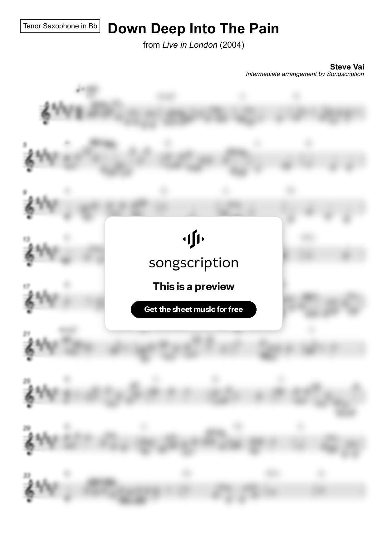 Intermediate Tenor Sax Sheet Music for "Down Deep Into The Pain" by Steve Vai