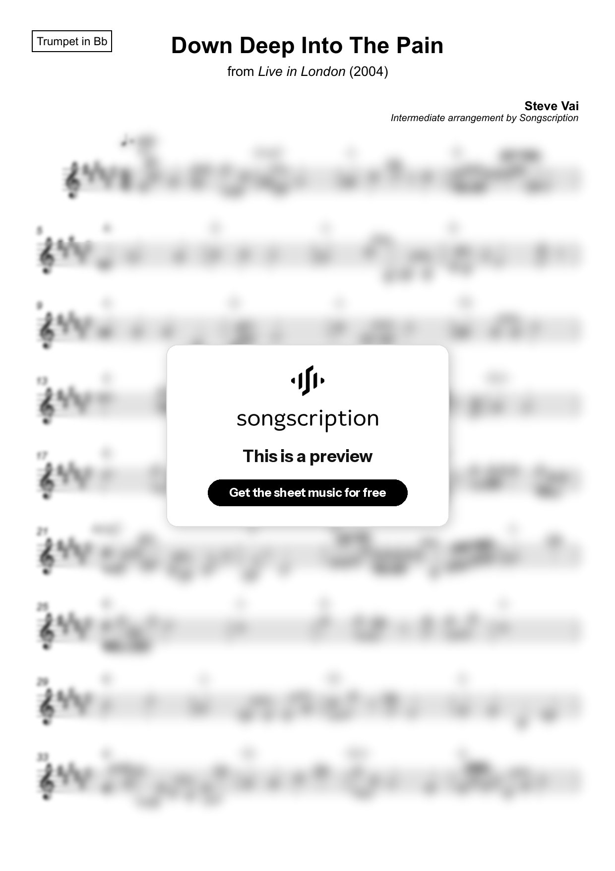 Intermediate Trumpet Sheet Music for "Down Deep Into The Pain" by Steve Vai