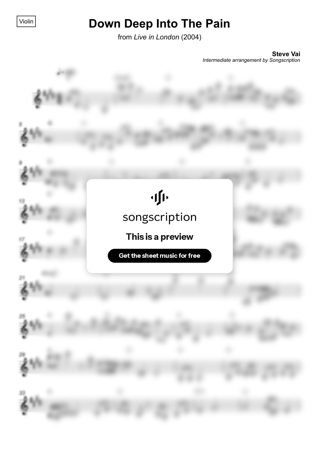 Intermediate Violin Sheet Music for "Down Deep Into The Pain" by Steve Vai