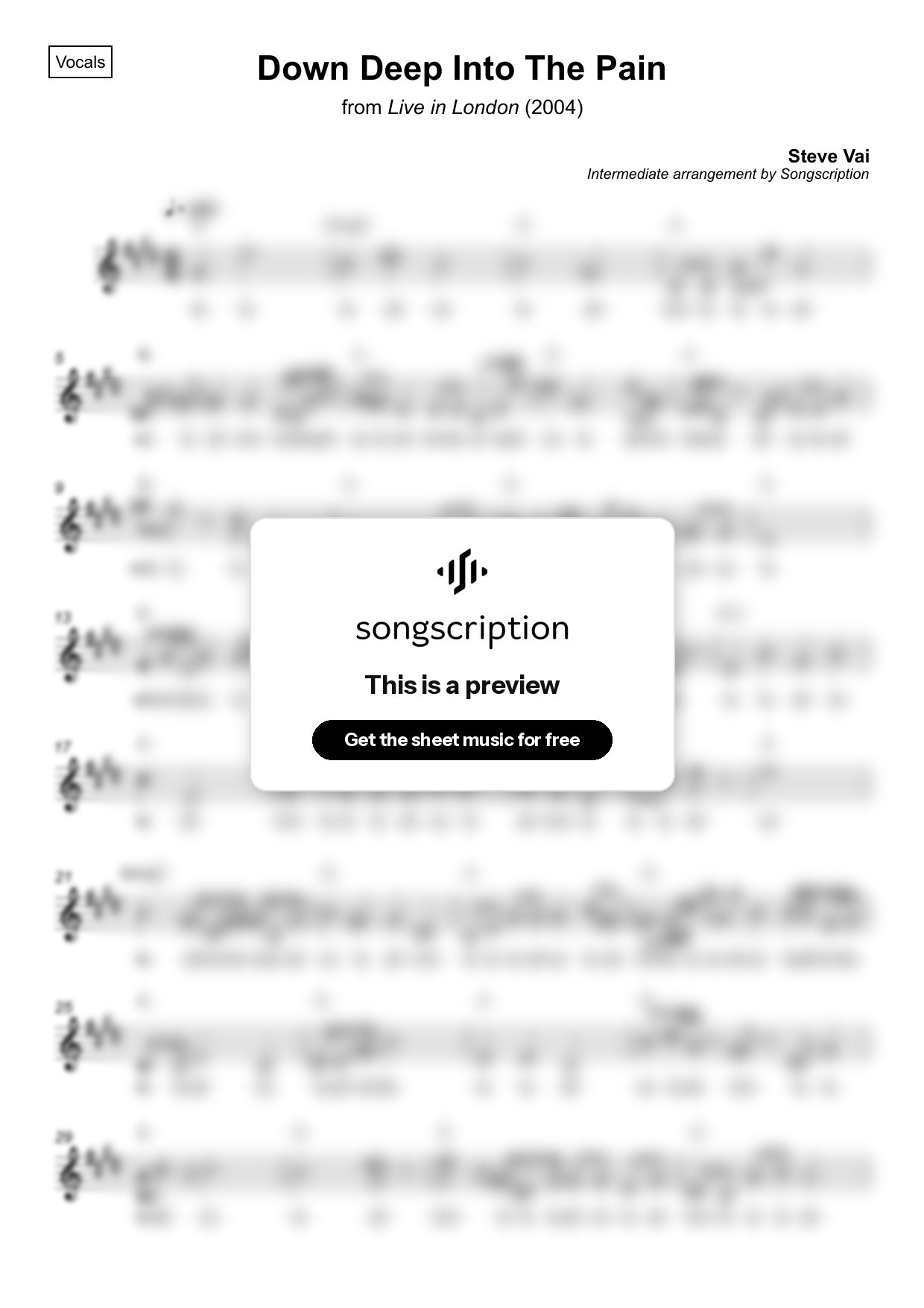 Intermediate Vocals Sheet Music for "Down Deep Into The Pain" by Steve Vai