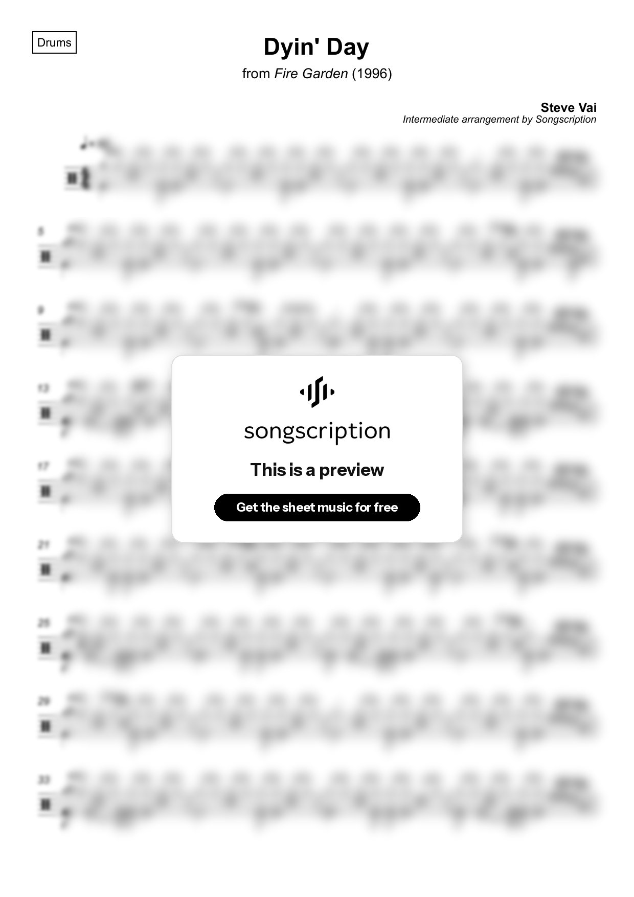 Intermediate Drums Sheet Music for "Dyin' Day" by Steve Vai