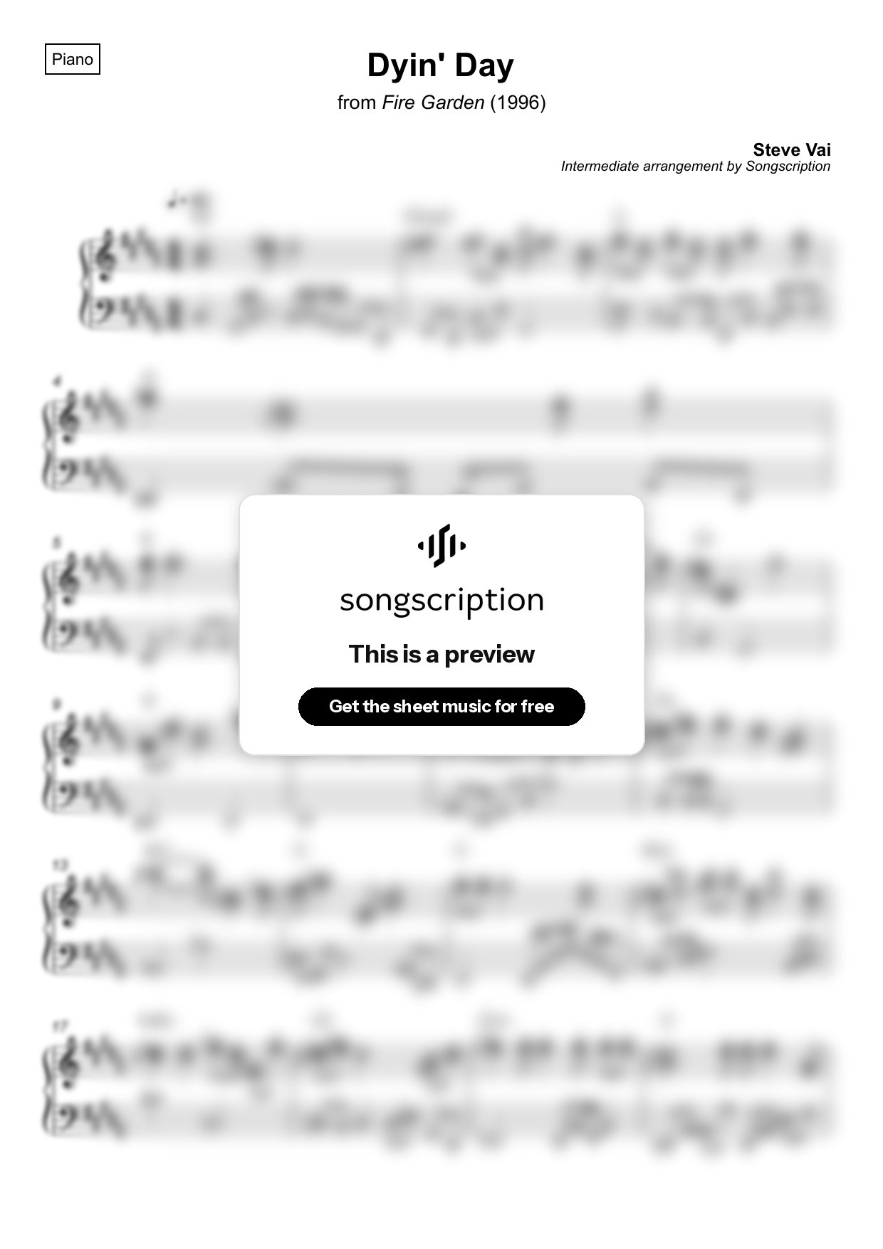 Intermediate Piano Sheet Music for "Dyin' Day" by Steve Vai