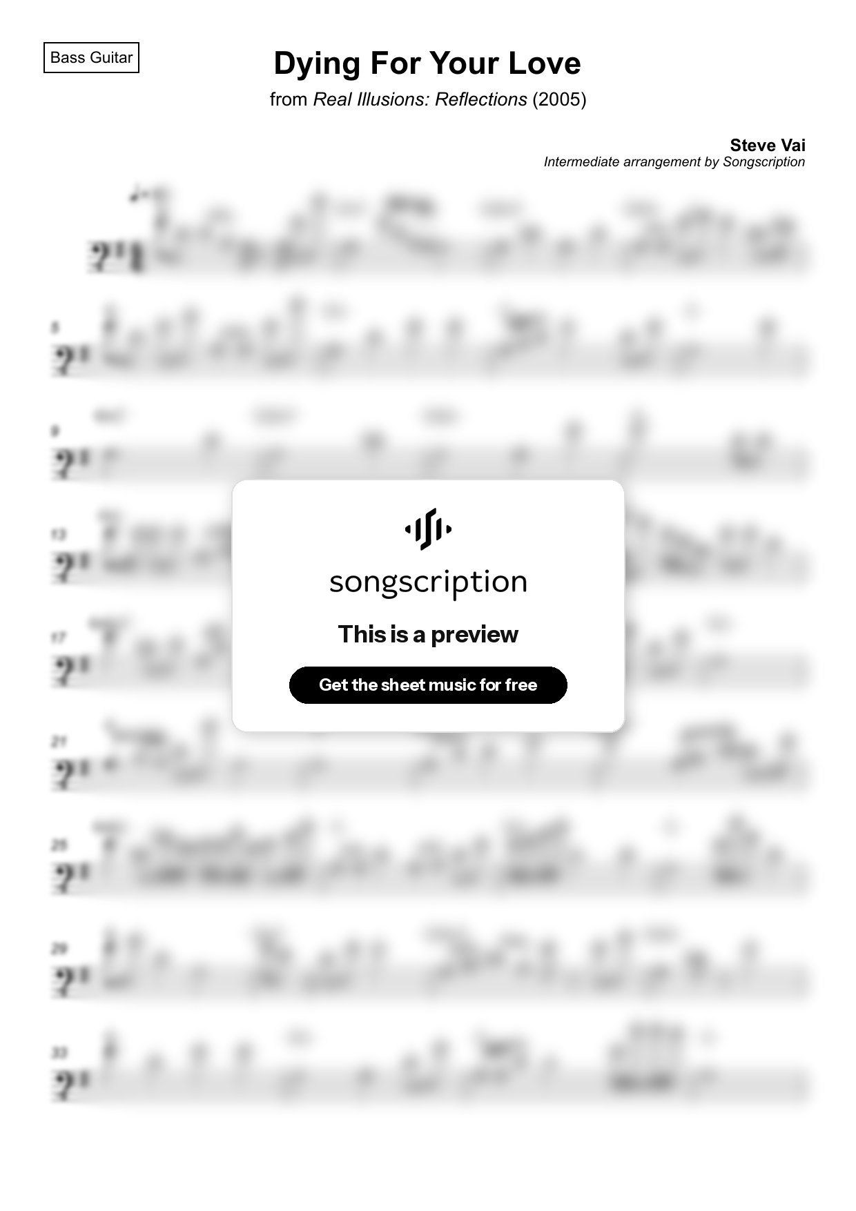 Intermediate Bass Guitar Sheet Music for "Dying For Your Love" by Steve Vai