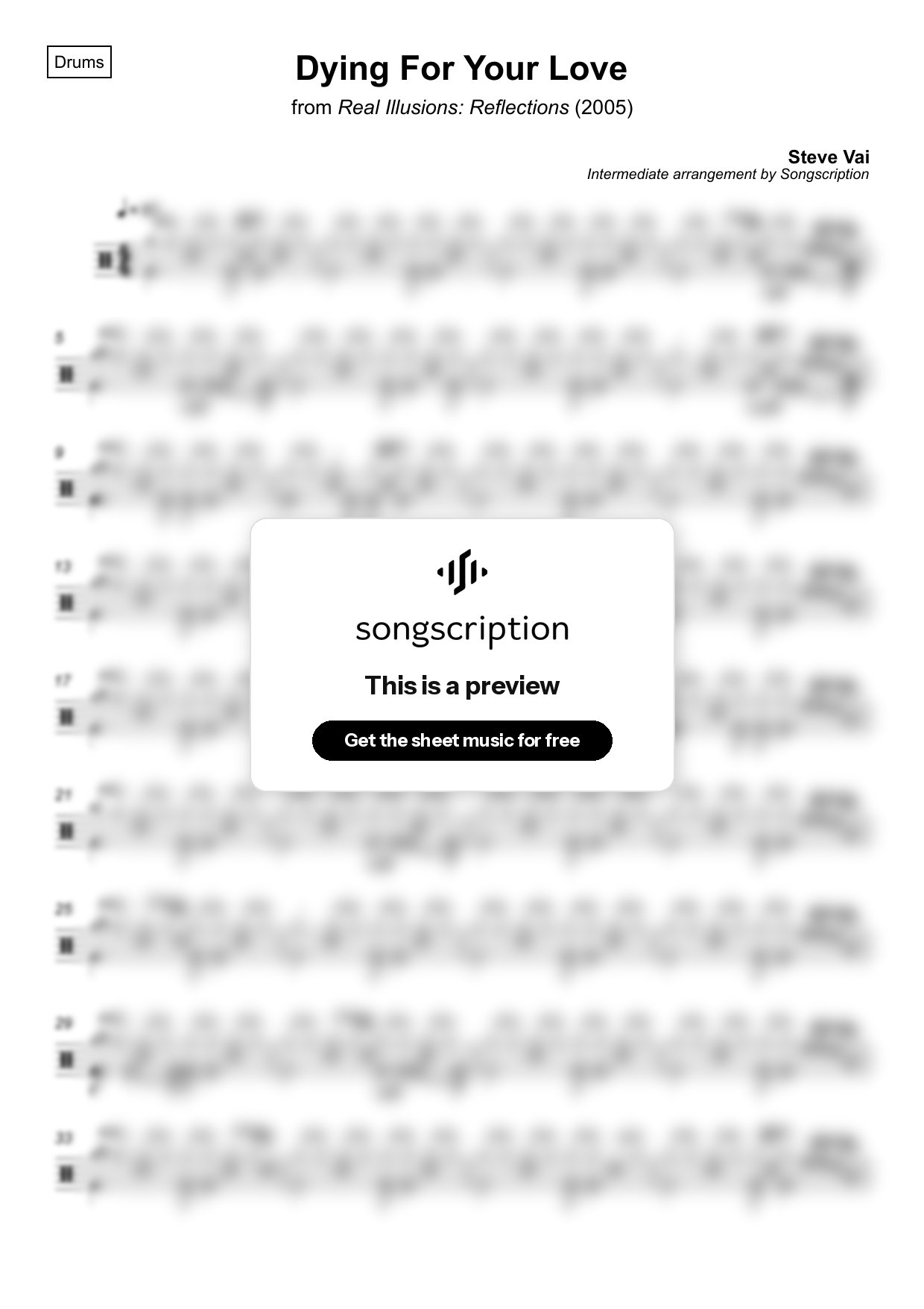 Intermediate Drums Sheet Music for "Dying For Your Love" by Steve Vai