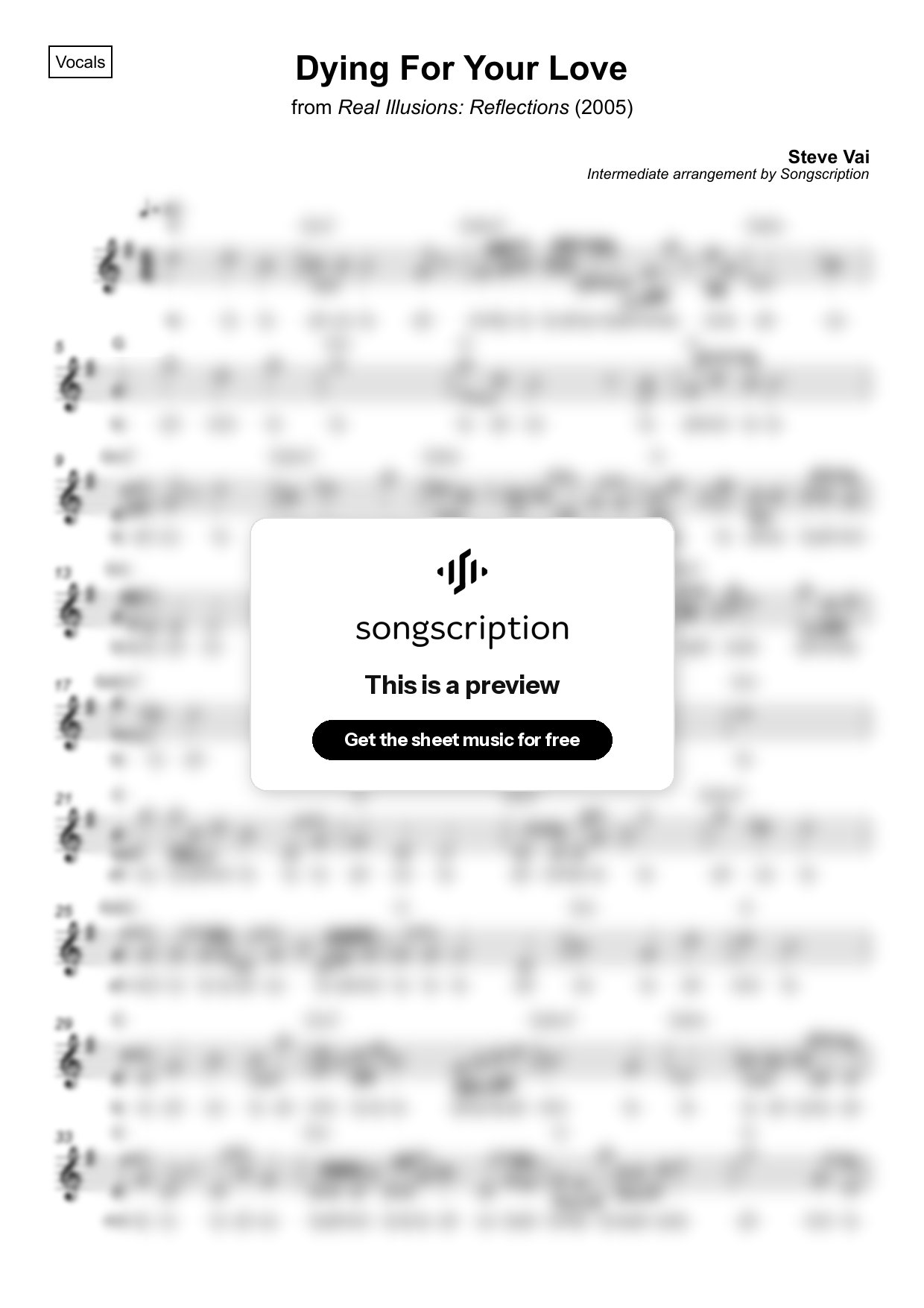 Intermediate Vocals Sheet Music for "Dying For Your Love" by Steve Vai