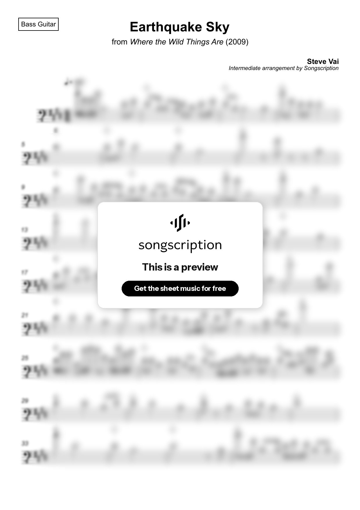 Intermediate Bass Guitar Sheet Music for "Earthquake Sky" by Steve Vai