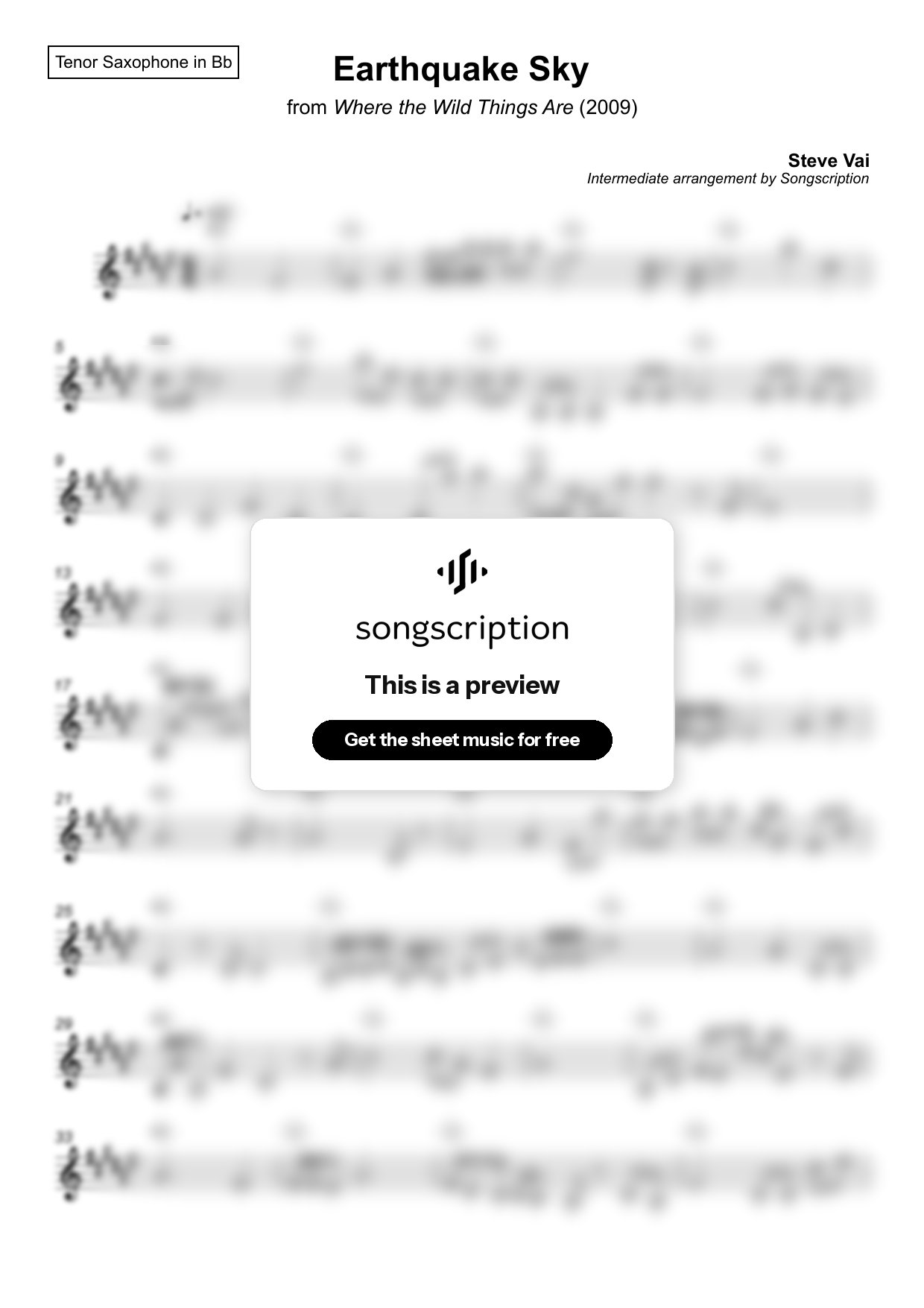 Intermediate Tenor Sax Sheet Music for "Earthquake Sky" by Steve Vai
