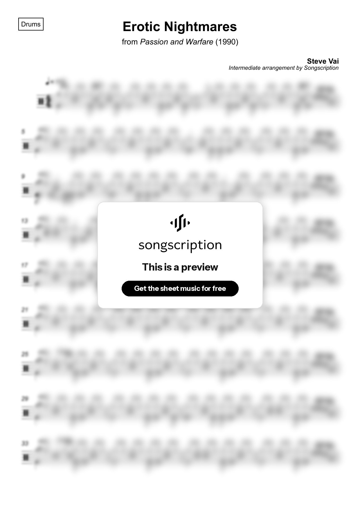 Intermediate Drums Sheet Music for "Erotic Nightmares" by Steve Vai