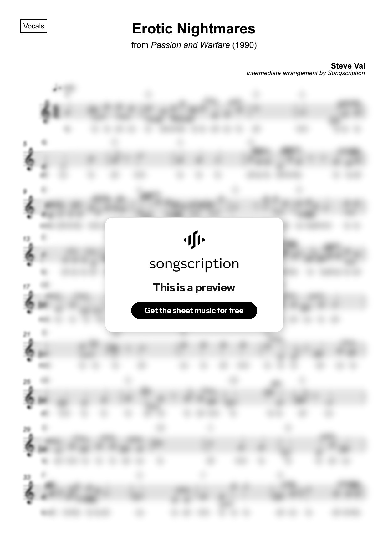 Intermediate Vocals Sheet Music for "Erotic Nightmares" by Steve Vai