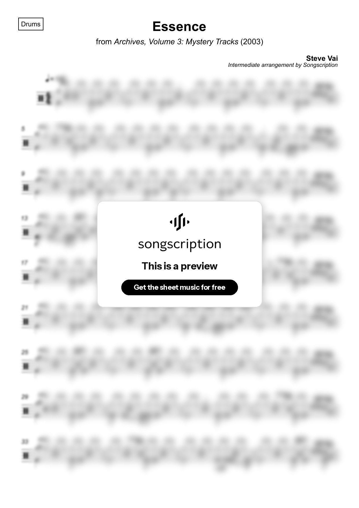 Intermediate Drums Sheet Music for "Essence" by Steve Vai