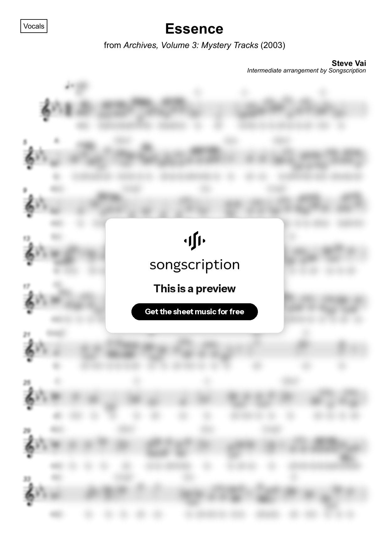 Intermediate Vocals Sheet Music for "Essence" by Steve Vai