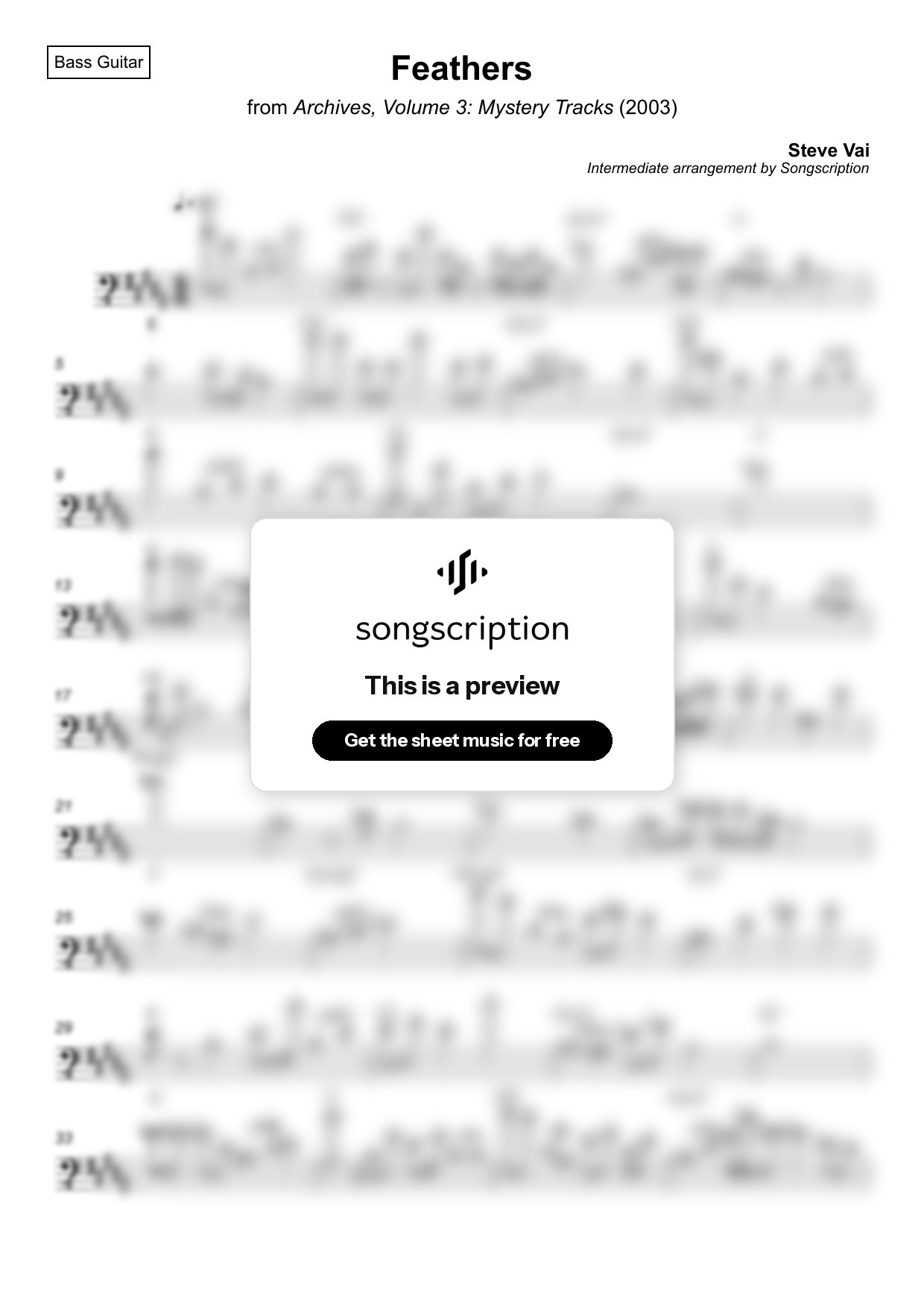 Intermediate Bass Guitar Sheet Music for "Feathers" by Steve Vai