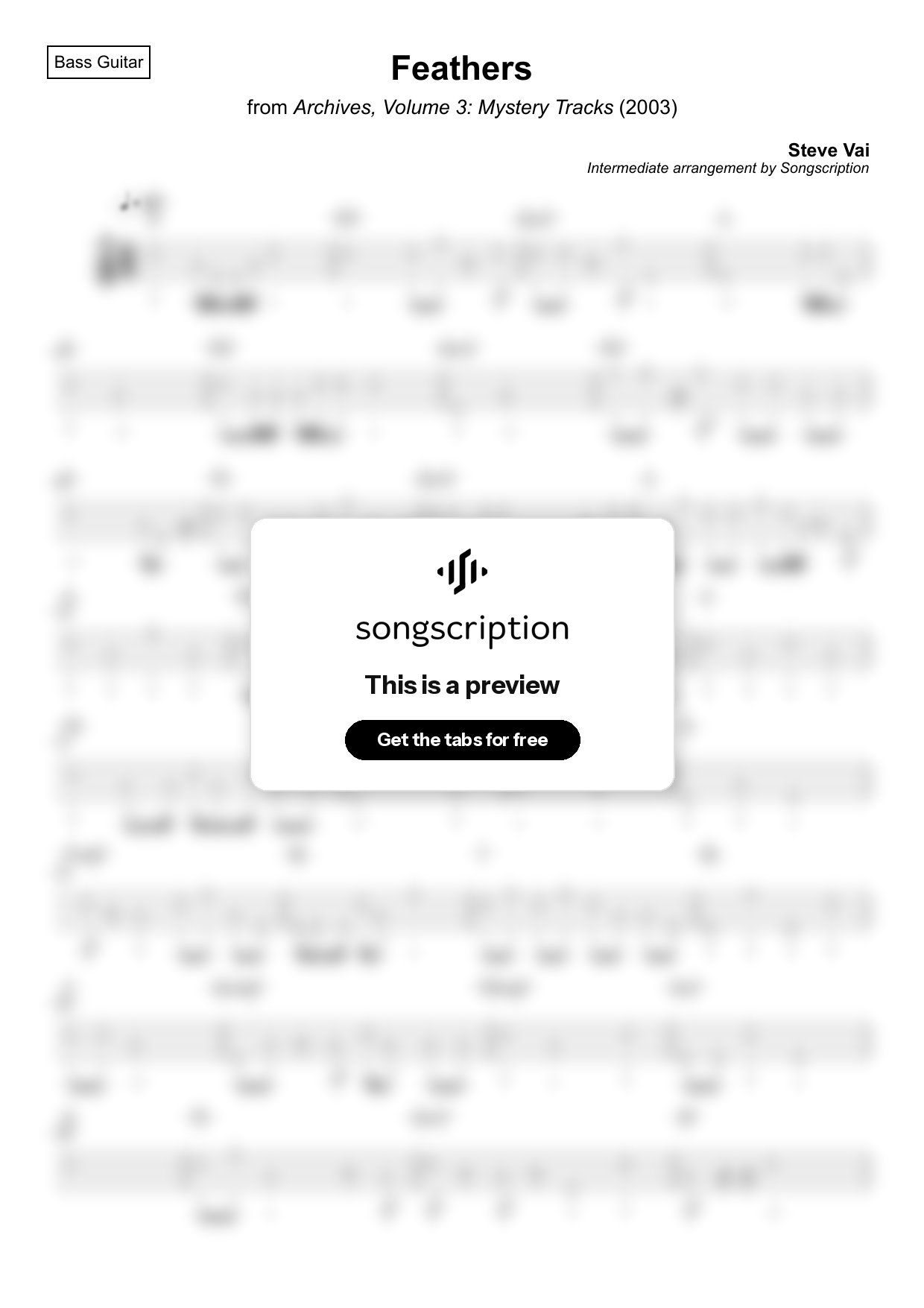 Intermediate Bass Guitar Tabs for "Feathers" by Steve Vai