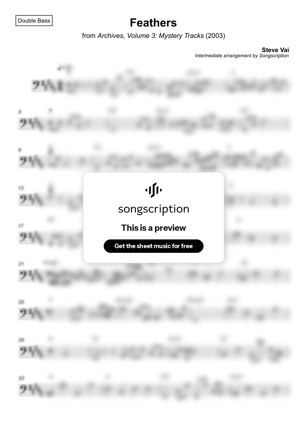 Intermediate Double Bass Sheet Music for "Feathers" by Steve Vai
