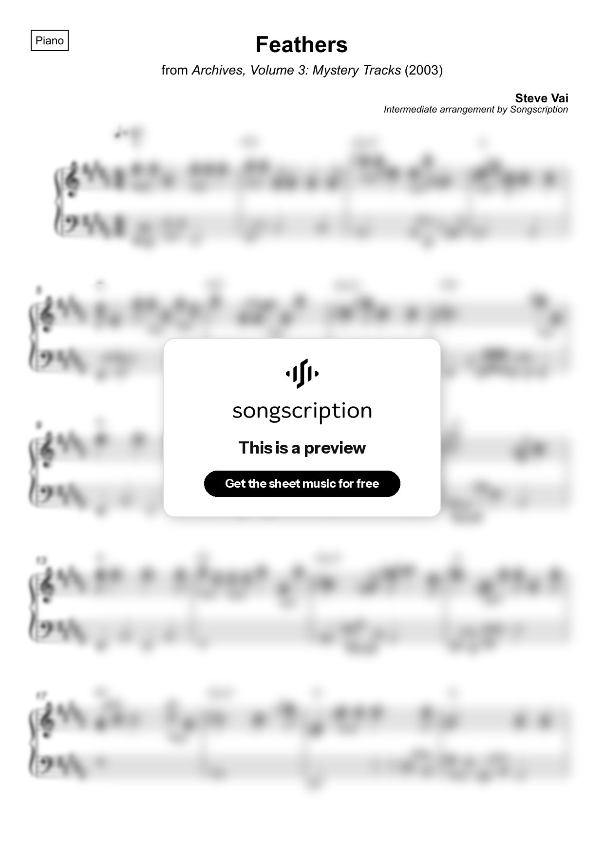 Intermediate Piano Sheet Music for "Feathers" by Steve Vai