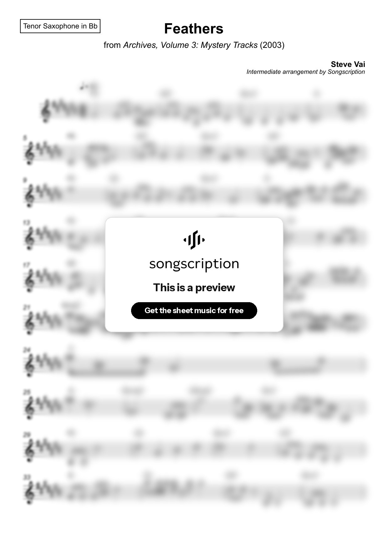 Intermediate Tenor Sax Sheet Music for "Feathers" by Steve Vai