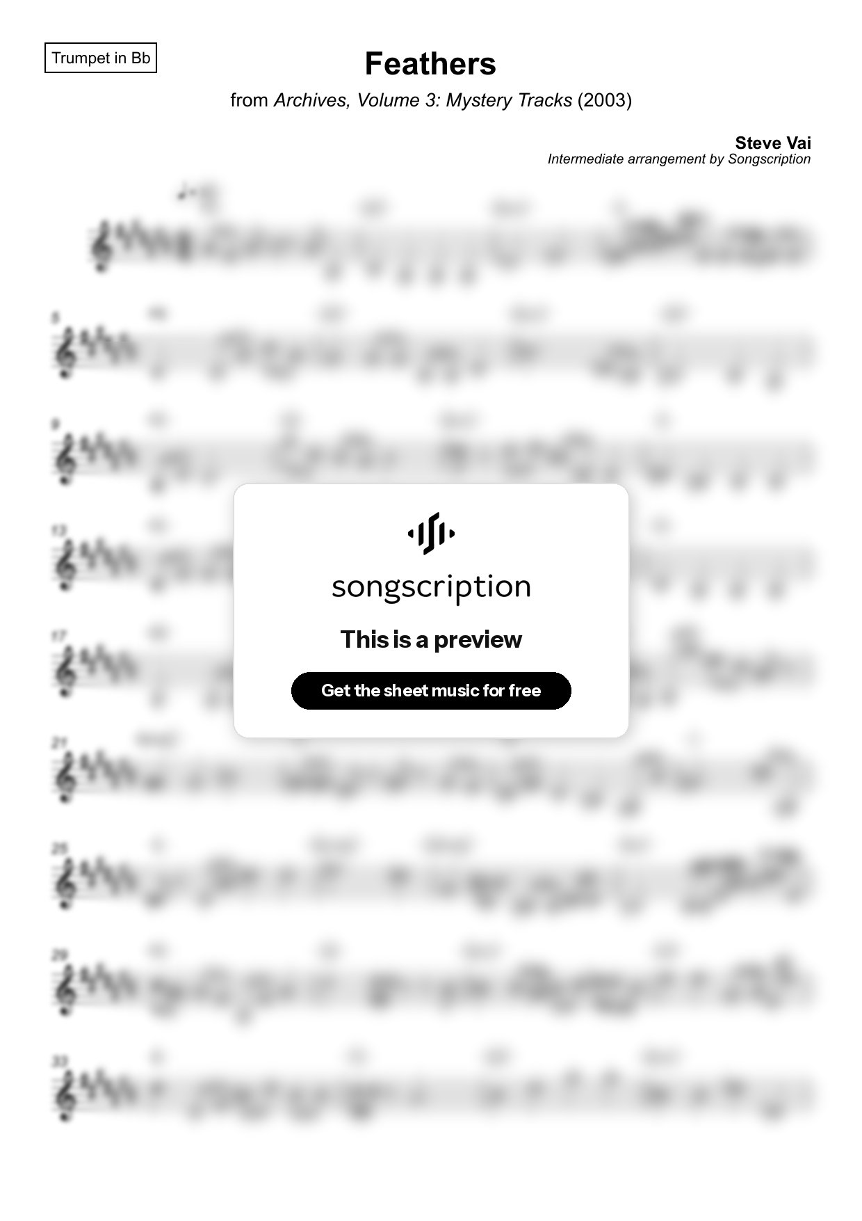 Intermediate Trumpet Sheet Music for "Feathers" by Steve Vai