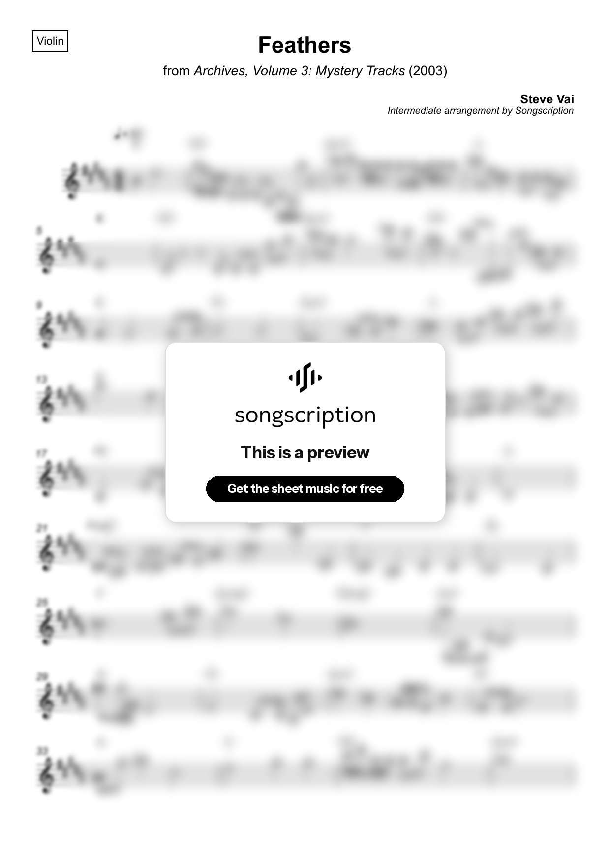 Intermediate Violin Sheet Music for "Feathers" by Steve Vai
