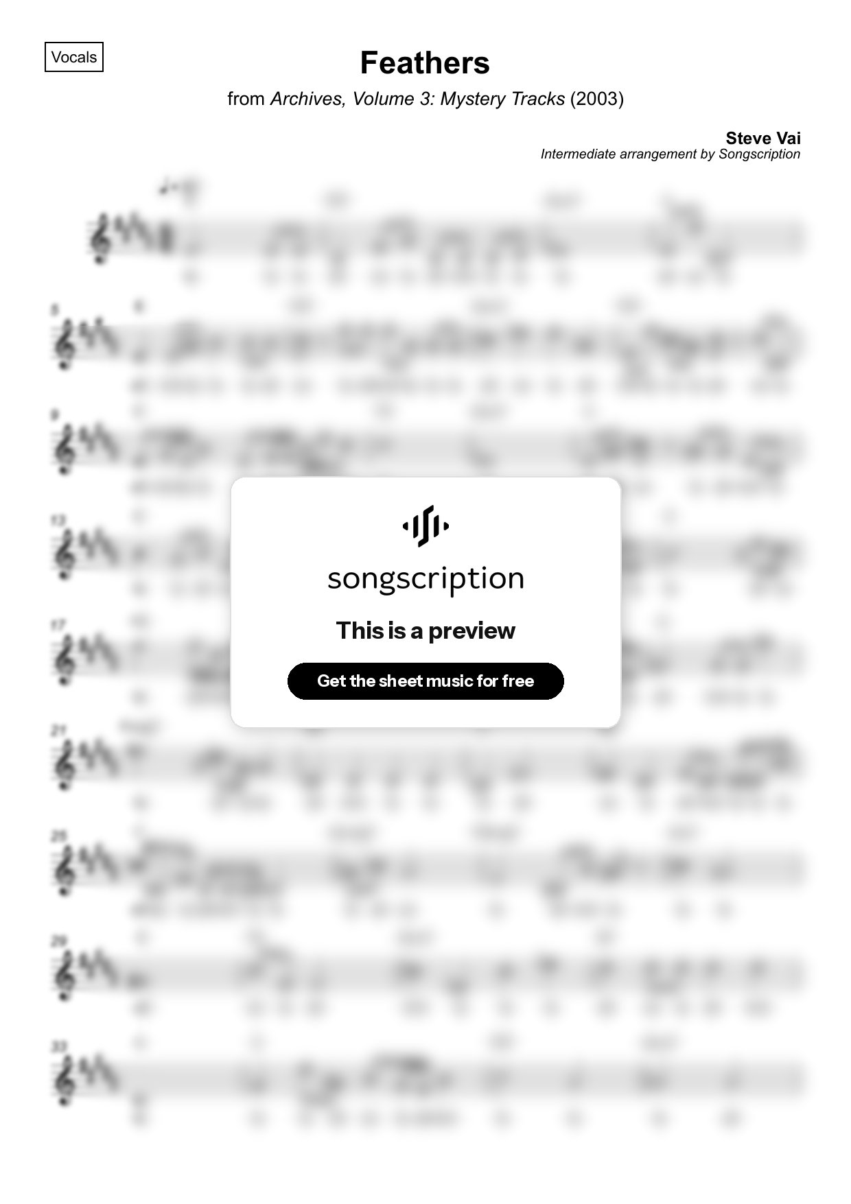 Intermediate Vocals Sheet Music for "Feathers" by Steve Vai