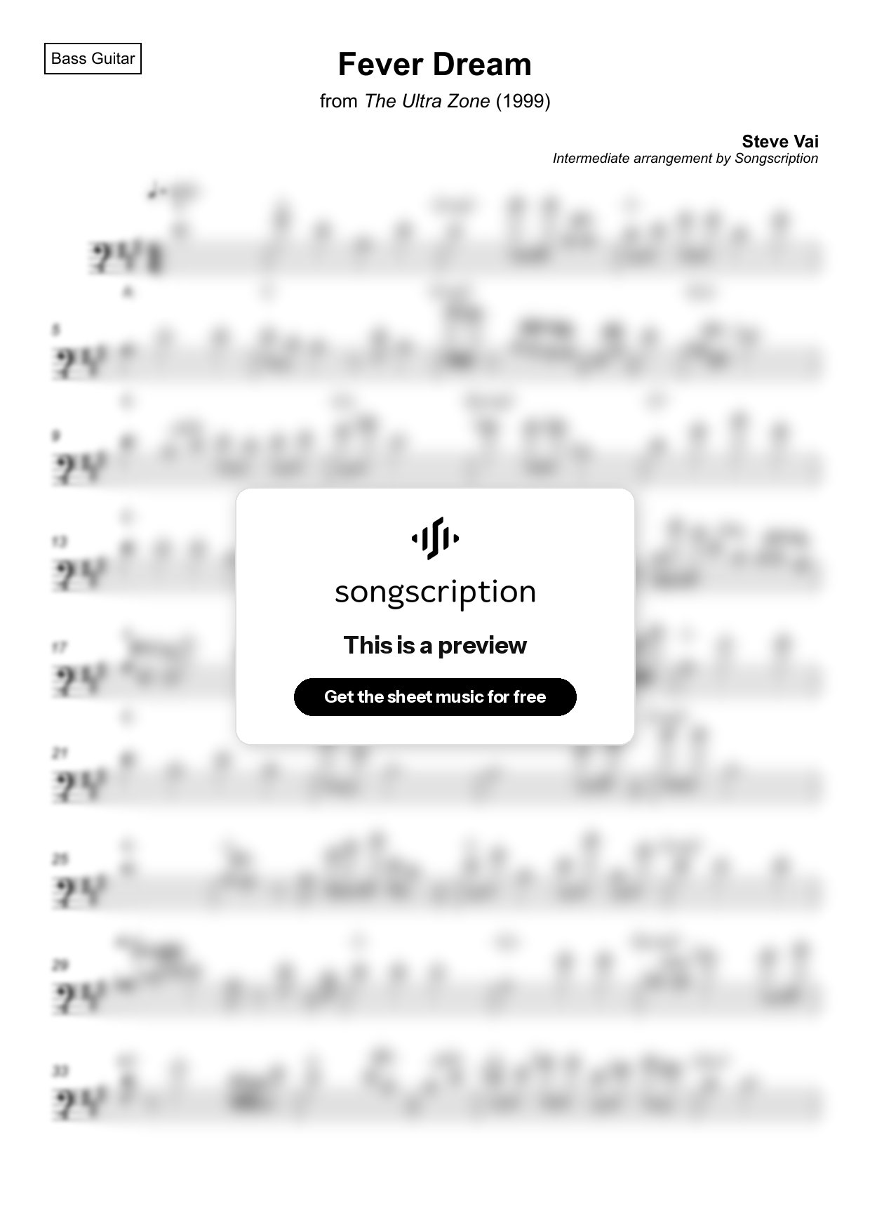 Intermediate Bass Guitar Sheet Music for "Fever Dream" by Steve Vai