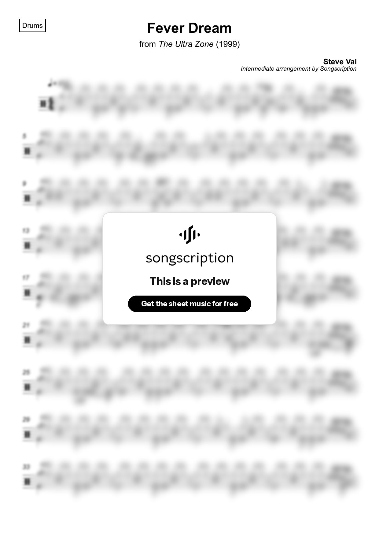 Intermediate Drums Sheet Music for "Fever Dream" by Steve Vai