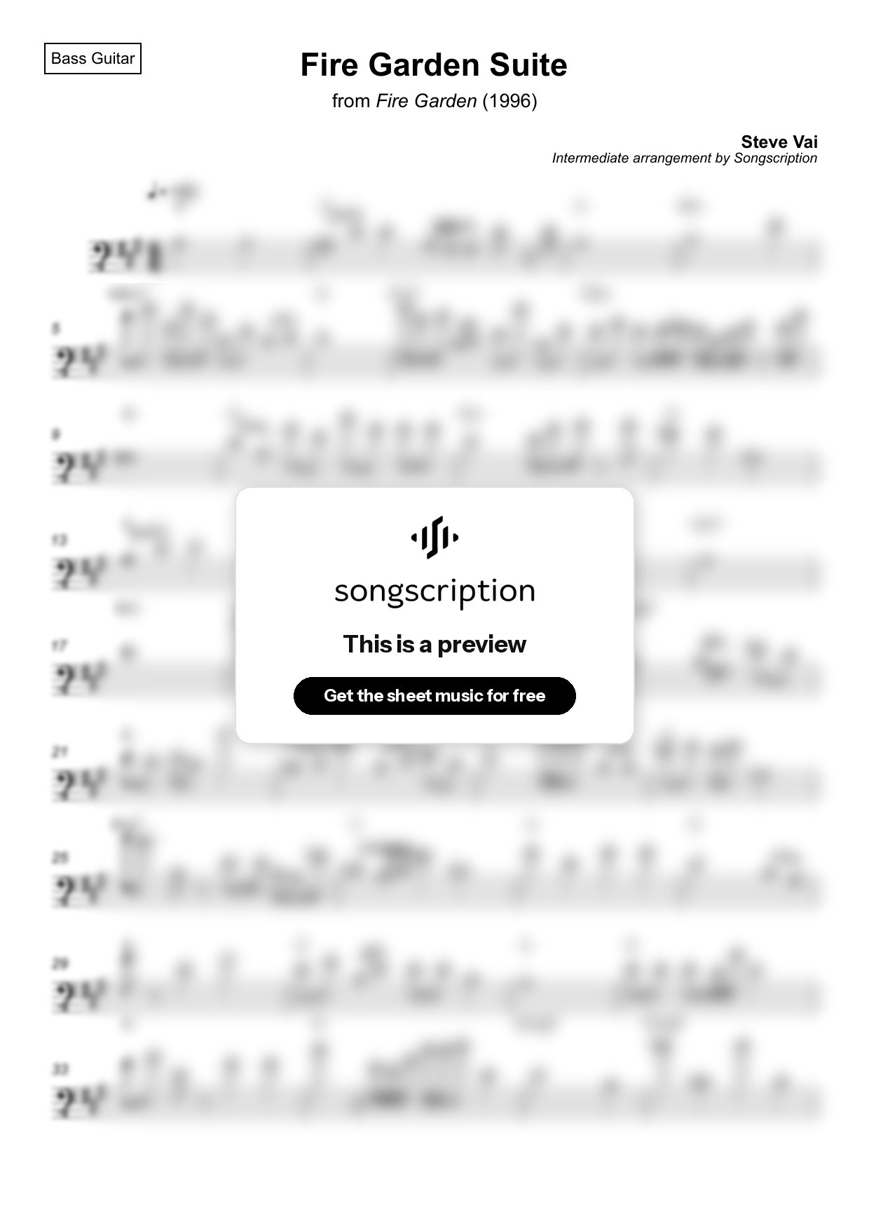 Intermediate Bass Guitar Sheet Music for "Fire Garden Suite" by Steve Vai