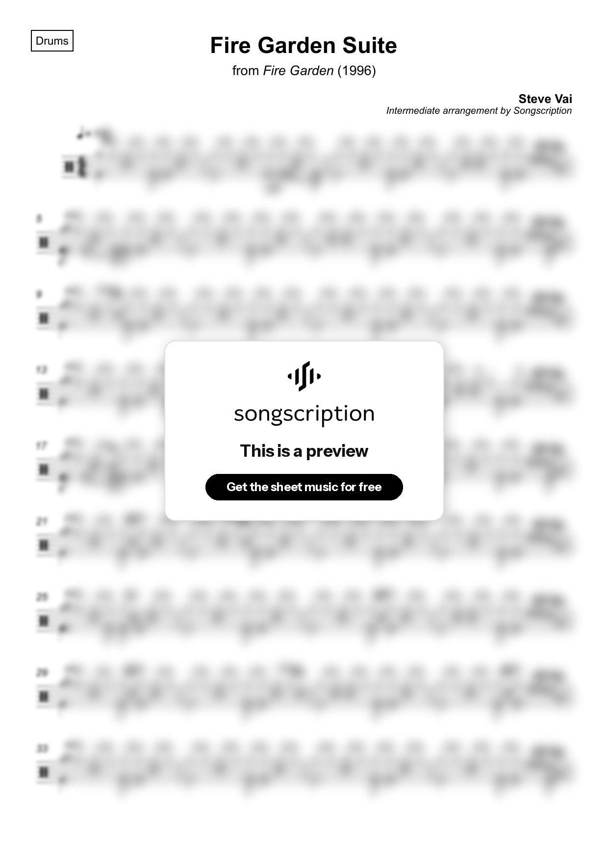 Intermediate Drums Sheet Music for "Fire Garden Suite" by Steve Vai