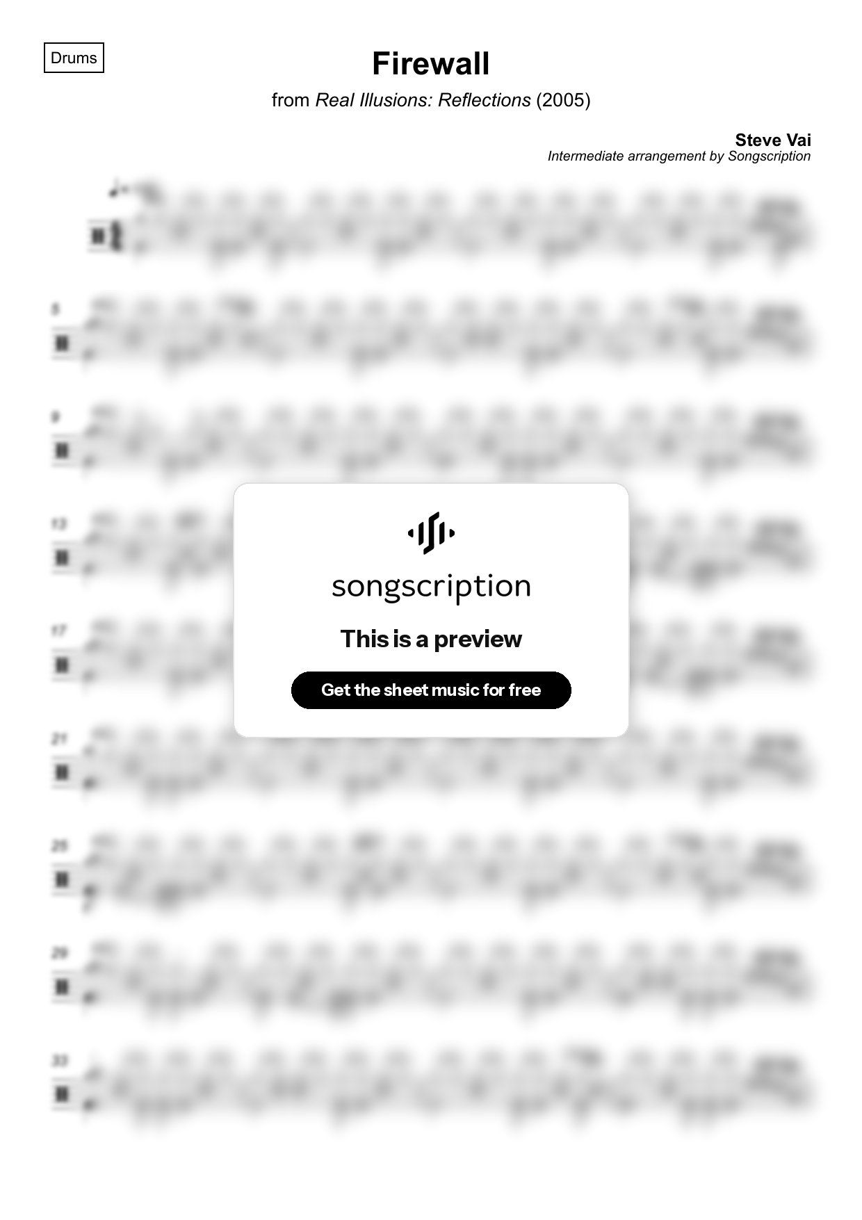 Intermediate Drums Sheet Music for "Firewall" by Steve Vai