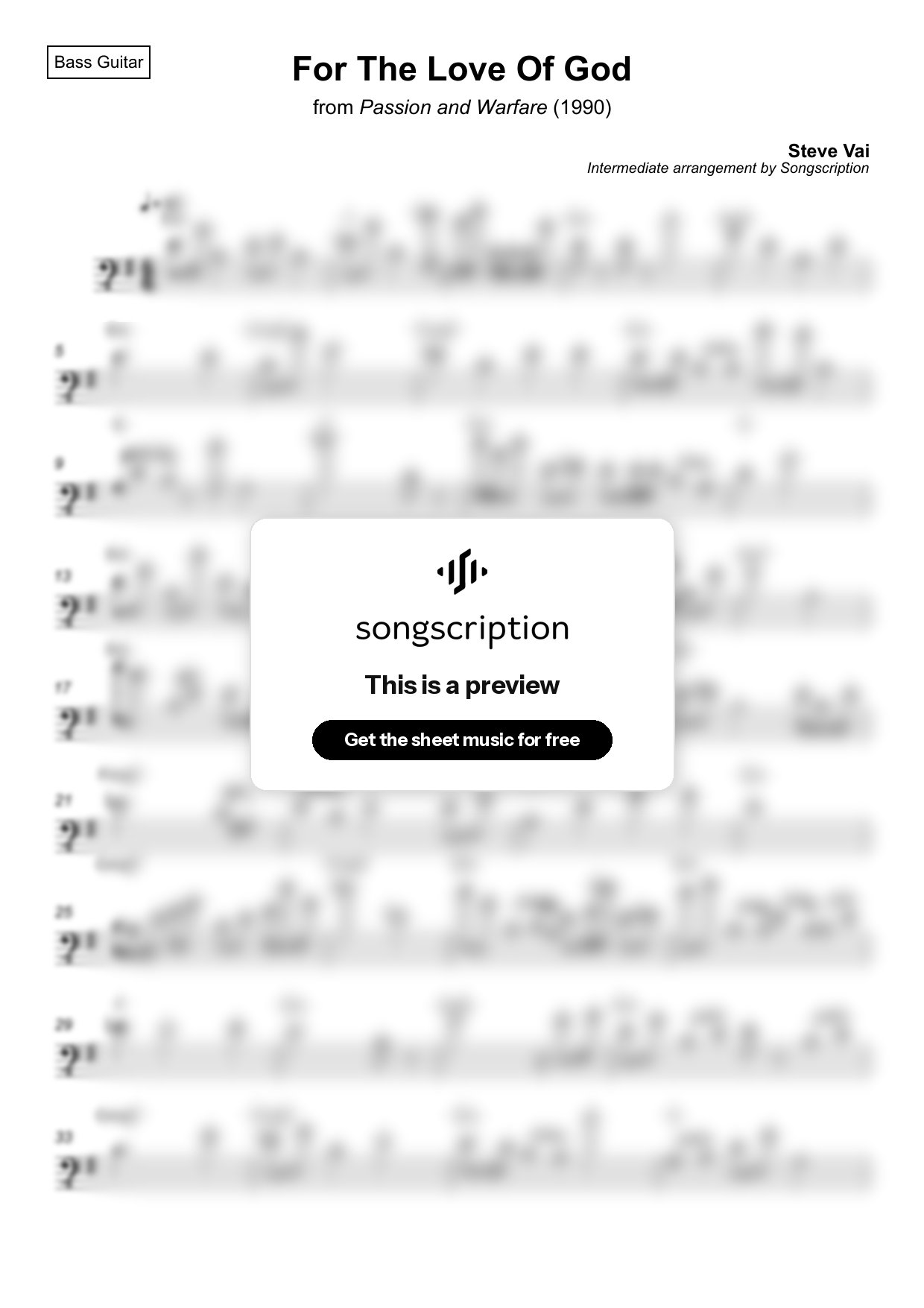 Intermediate Bass Guitar Sheet Music for "For The Love Of God" by Steve Vai