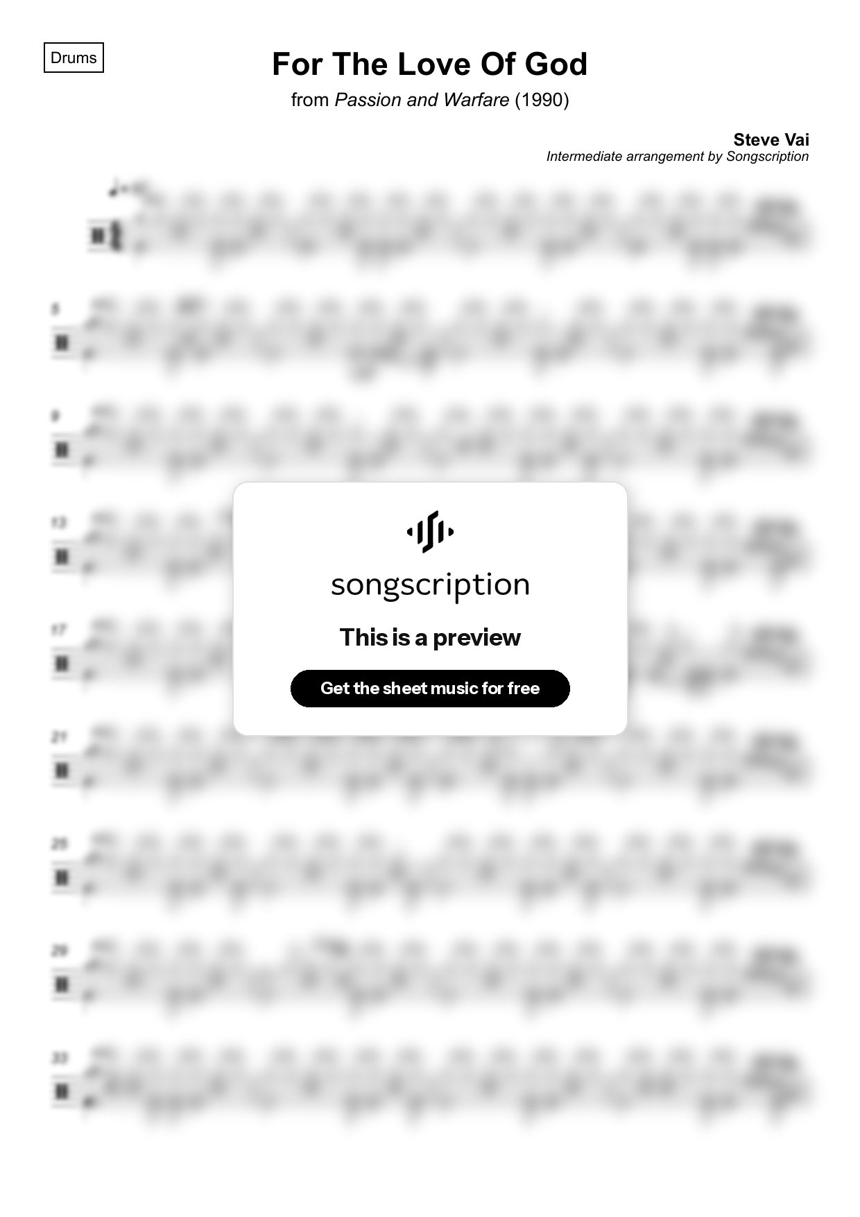 Intermediate Drums Sheet Music for "For The Love Of God" by Steve Vai