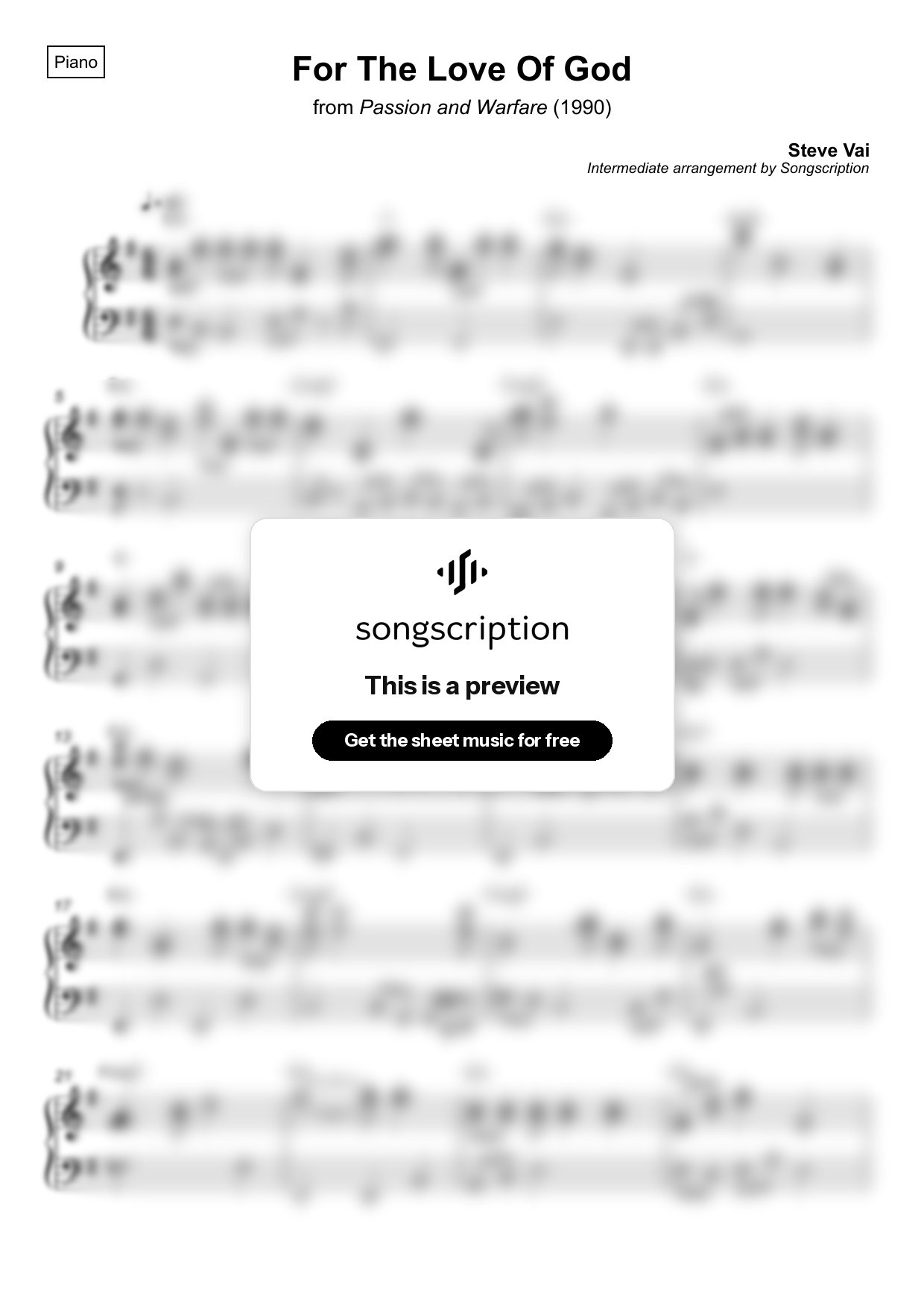 Intermediate Piano Sheet Music for "For The Love Of God" by Steve Vai
