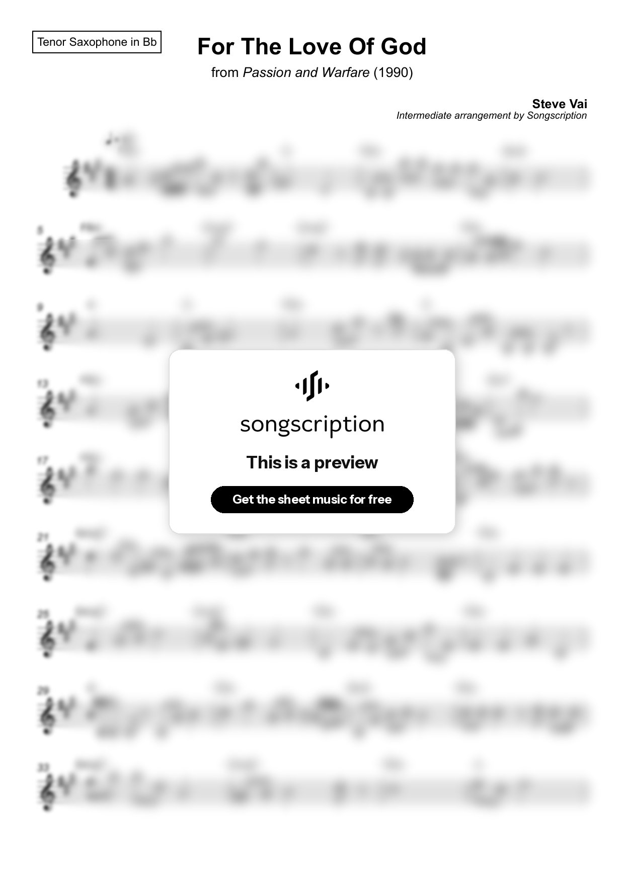 Intermediate Tenor Sax Sheet Music for "For The Love Of God" by Steve Vai