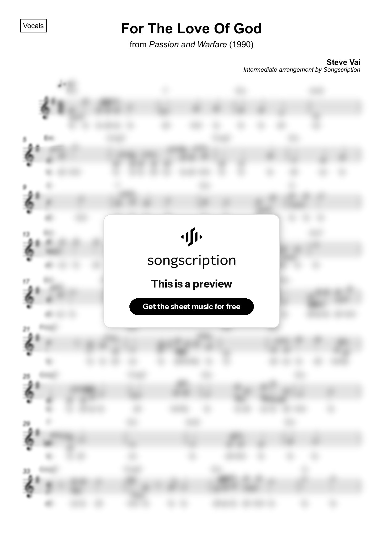 Intermediate Vocals Sheet Music for "For The Love Of God" by Steve Vai