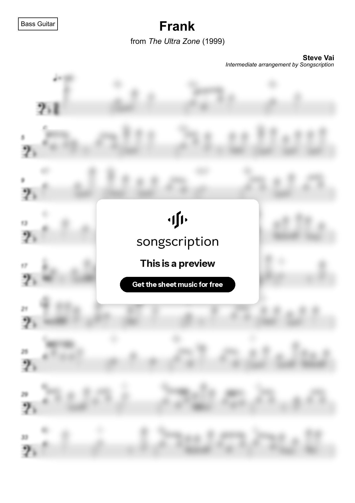 Intermediate Bass Guitar Sheet Music for "Frank" by Steve Vai