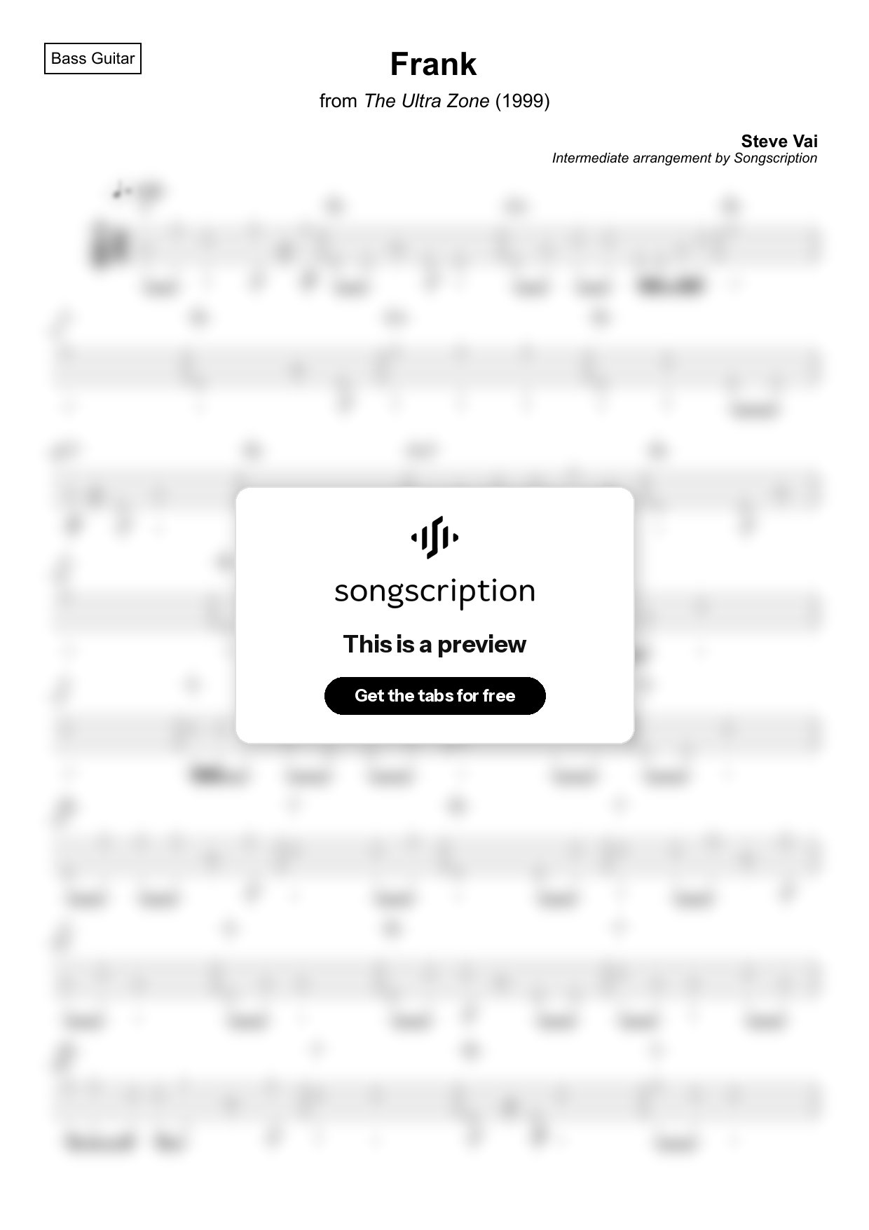 Intermediate Bass Guitar Tabs for "Frank" by Steve Vai