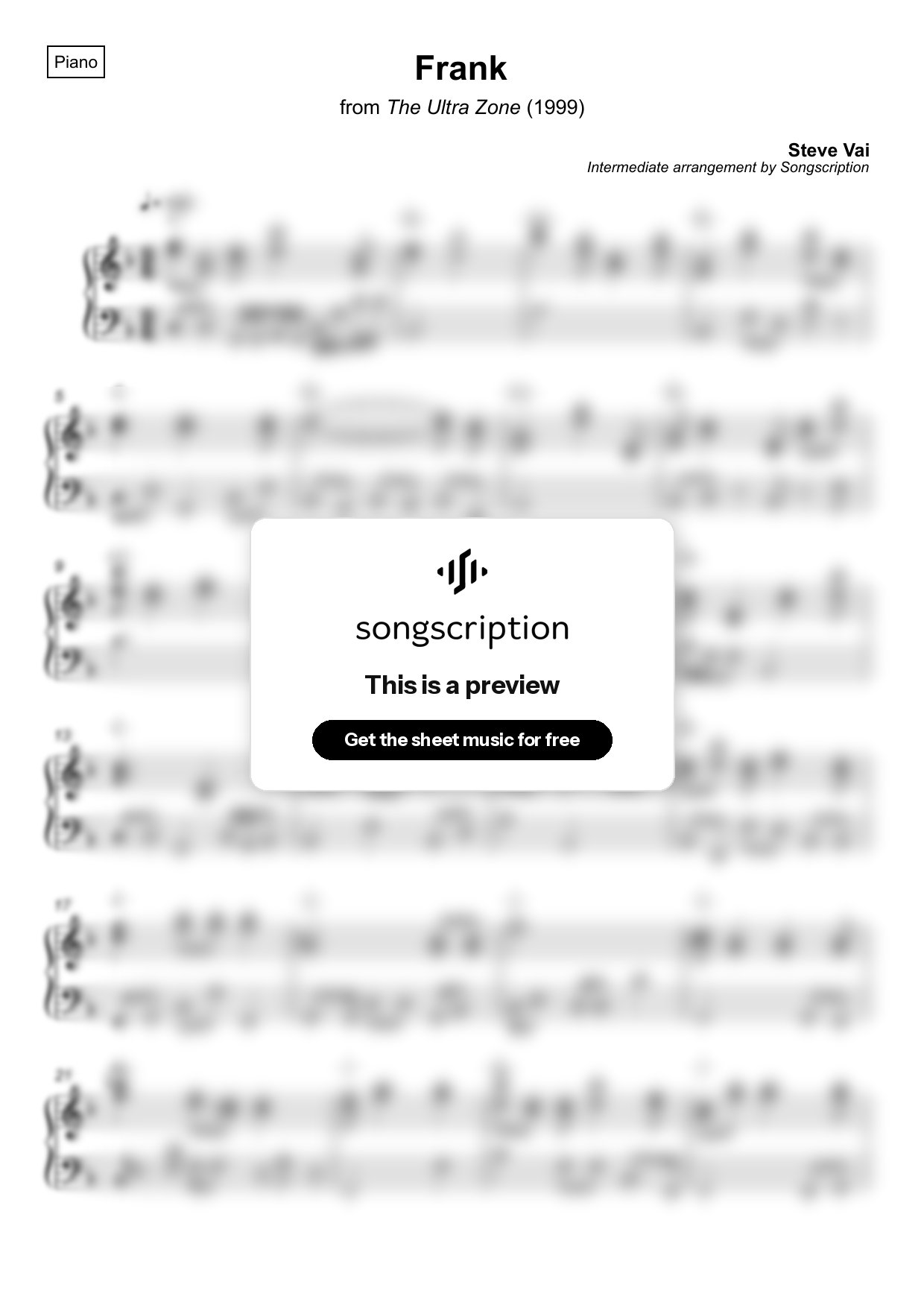 Intermediate Piano Sheet Music for "Frank" by Steve Vai