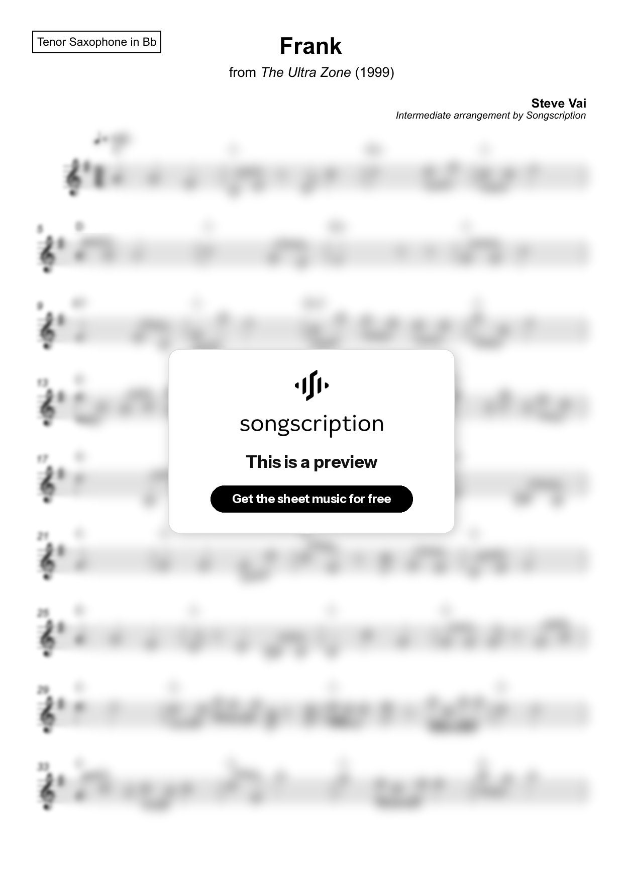Intermediate Tenor Sax Sheet Music for "Frank" by Steve Vai