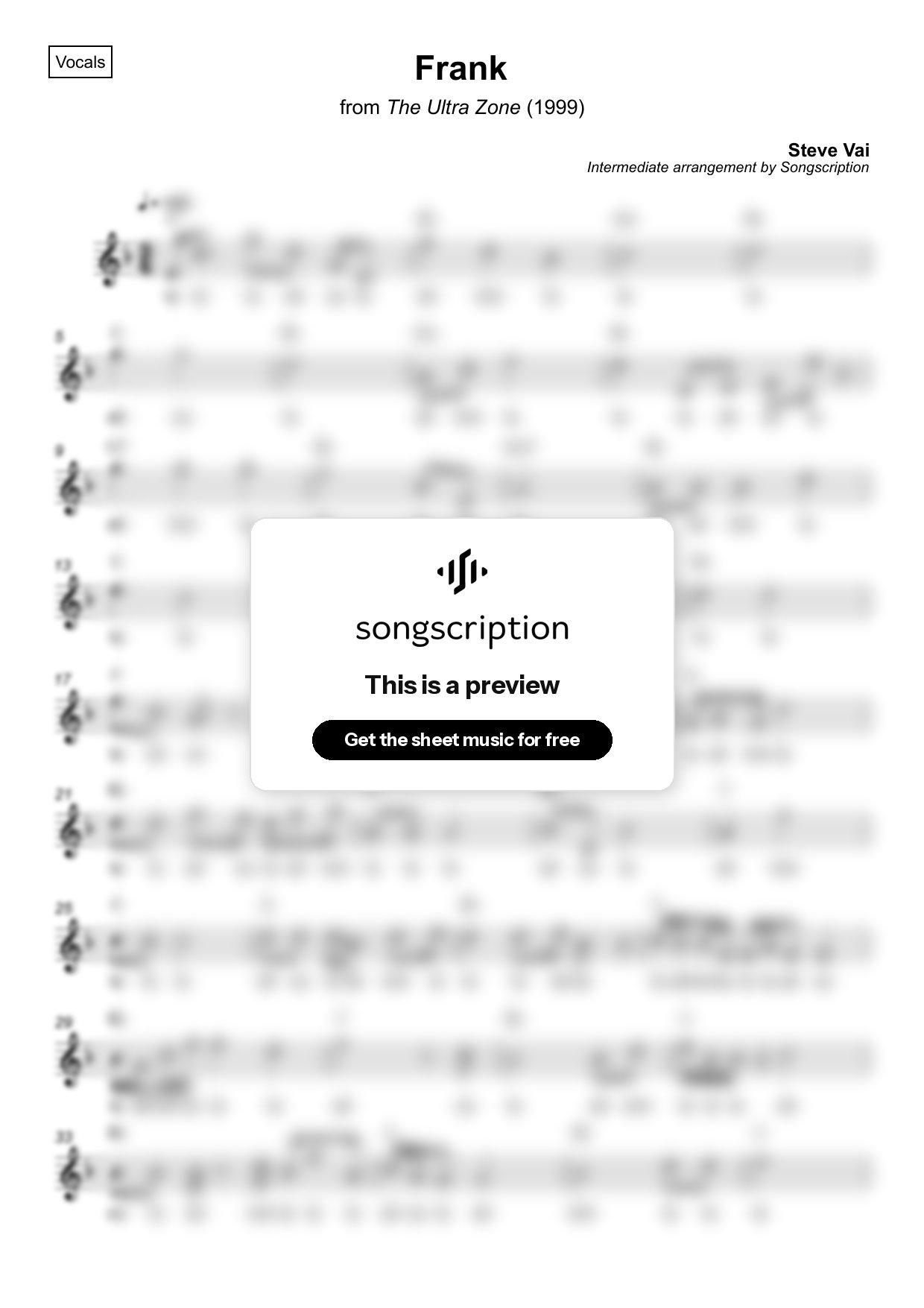 Intermediate Vocals Sheet Music for "Frank" by Steve Vai