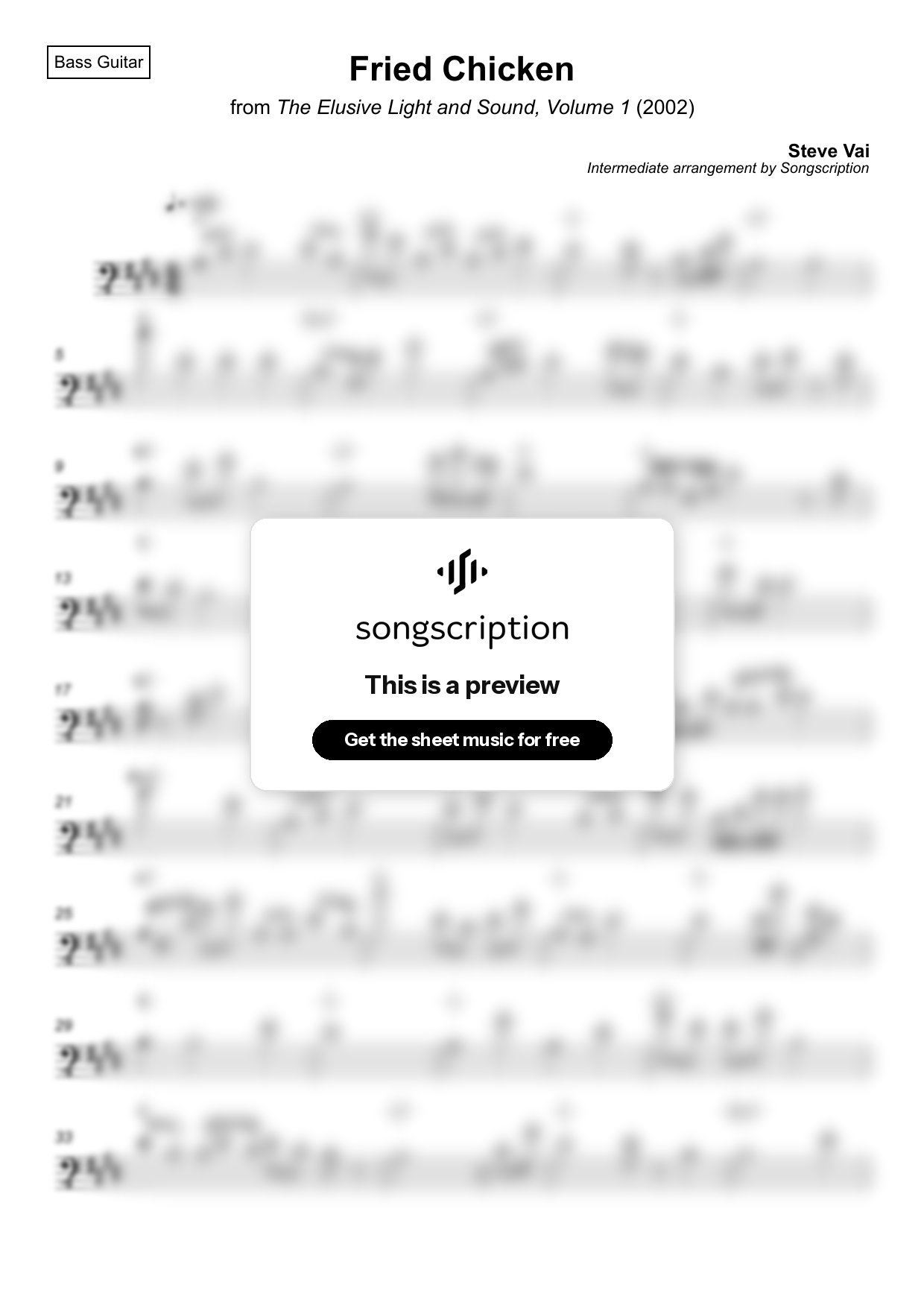 Intermediate Bass Guitar Sheet Music for "Fried Chicken" by Steve Vai
