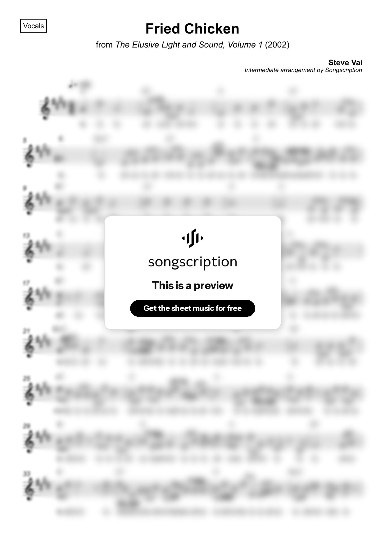 Intermediate Vocals Sheet Music for "Fried Chicken" by Steve Vai