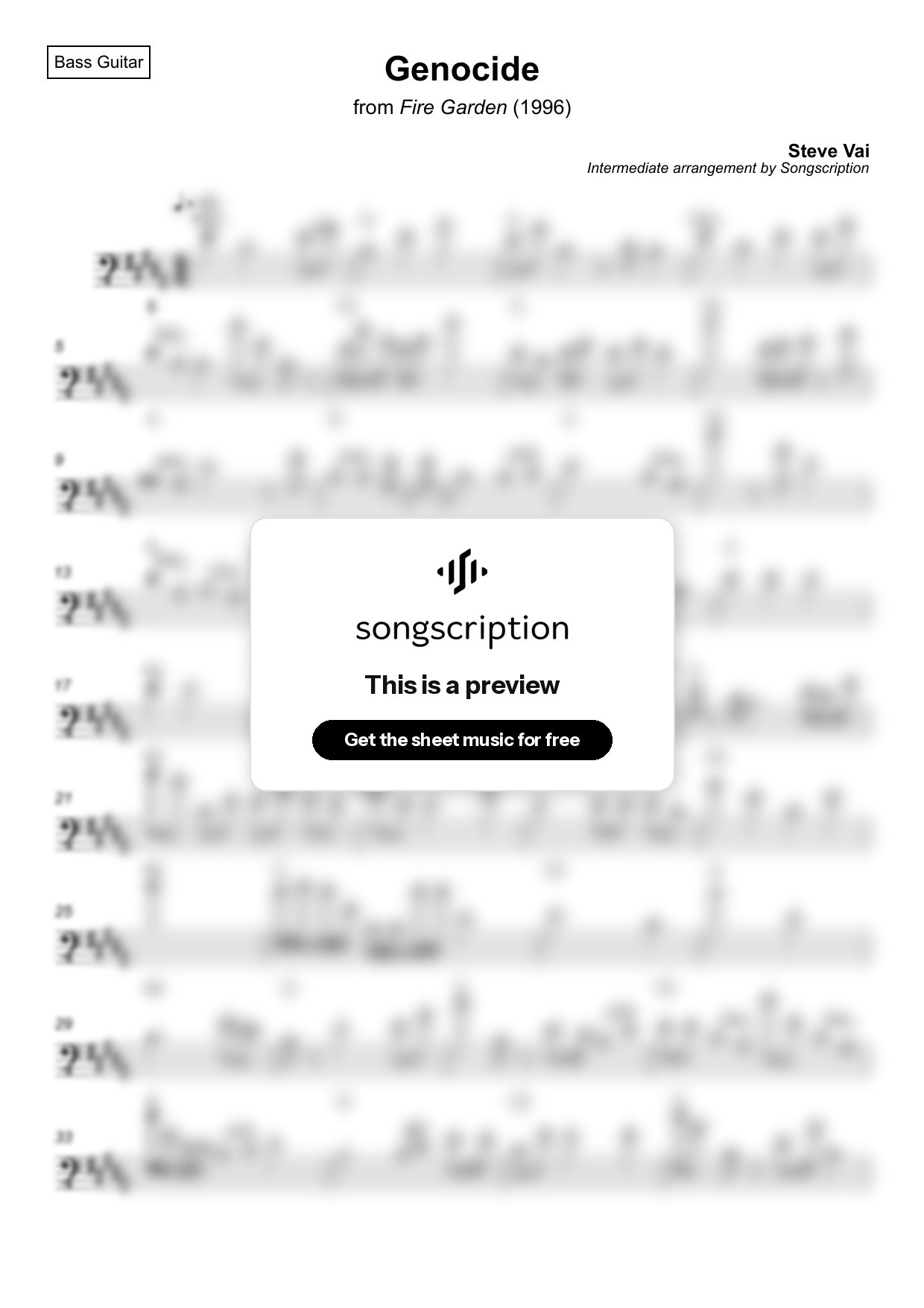 Intermediate Bass Guitar Sheet Music for "Genocide" by Steve Vai
