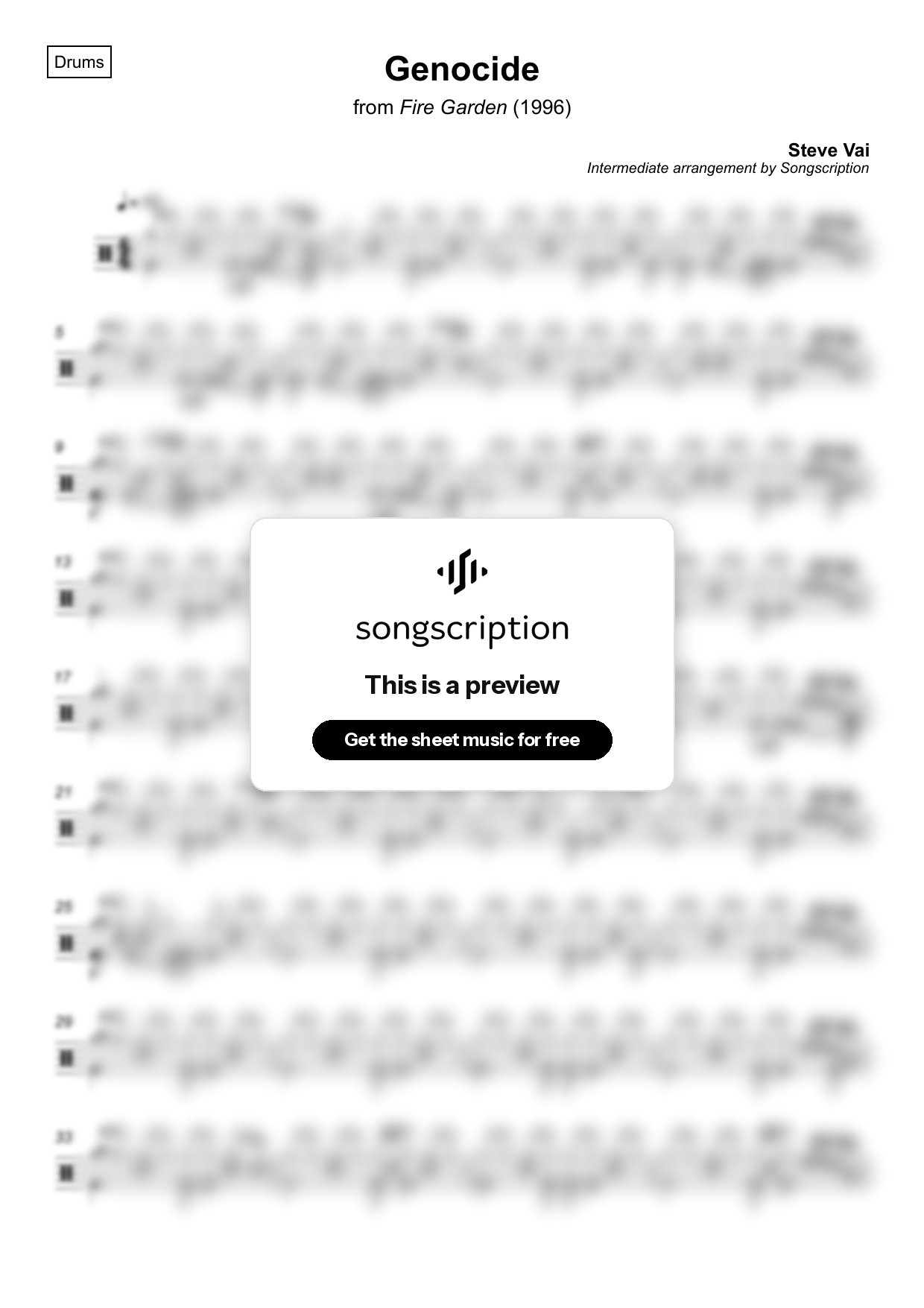 Intermediate Drums Sheet Music for "Genocide" by Steve Vai