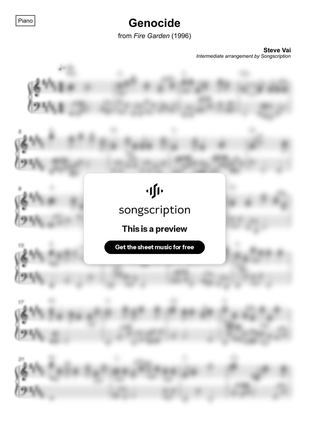 Intermediate Piano Sheet Music for "Genocide" by Steve Vai