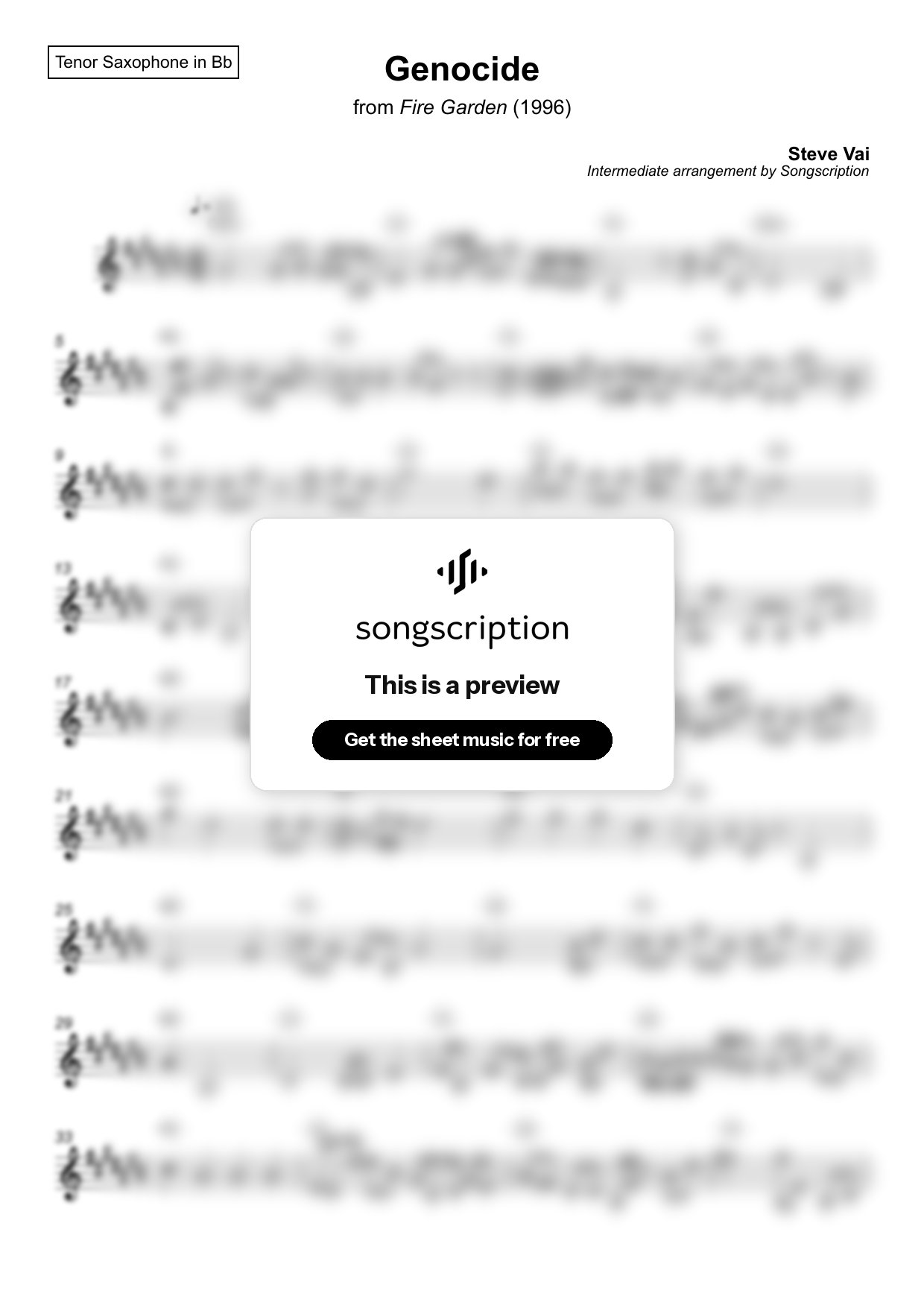 Intermediate Tenor Sax Sheet Music for "Genocide" by Steve Vai