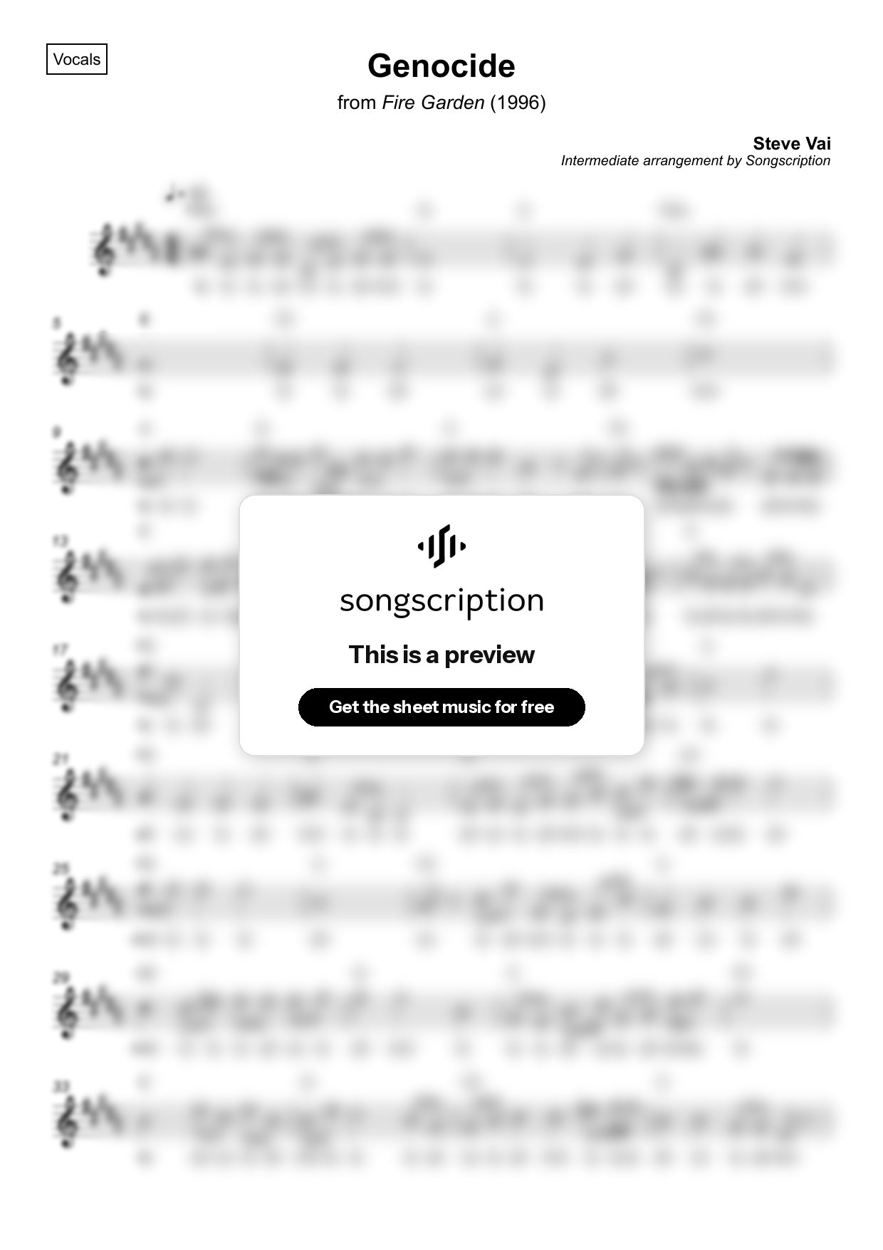 Intermediate Vocals Sheet Music for "Genocide" by Steve Vai