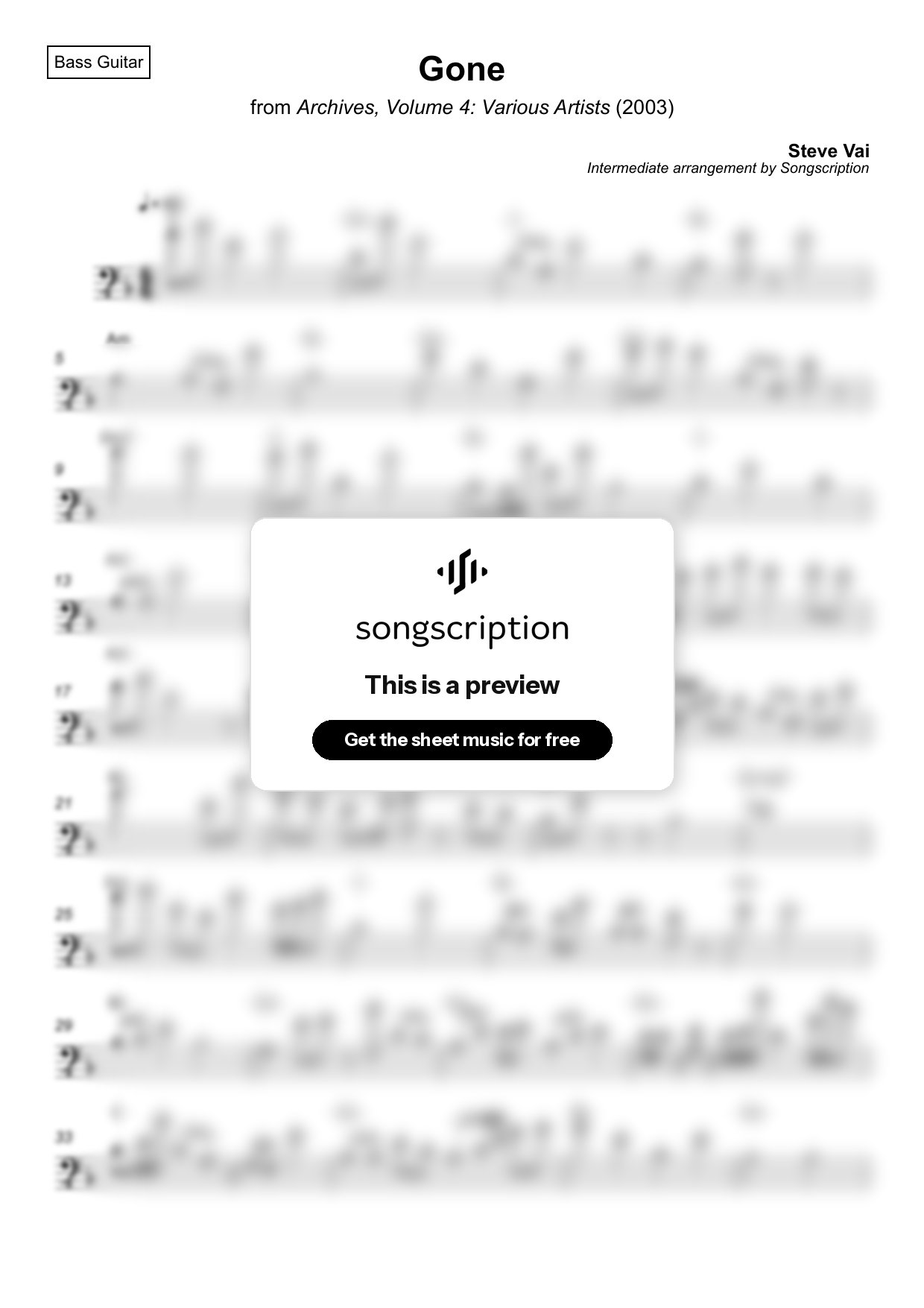 Intermediate Bass Guitar Sheet Music for "Gone" by Steve Vai