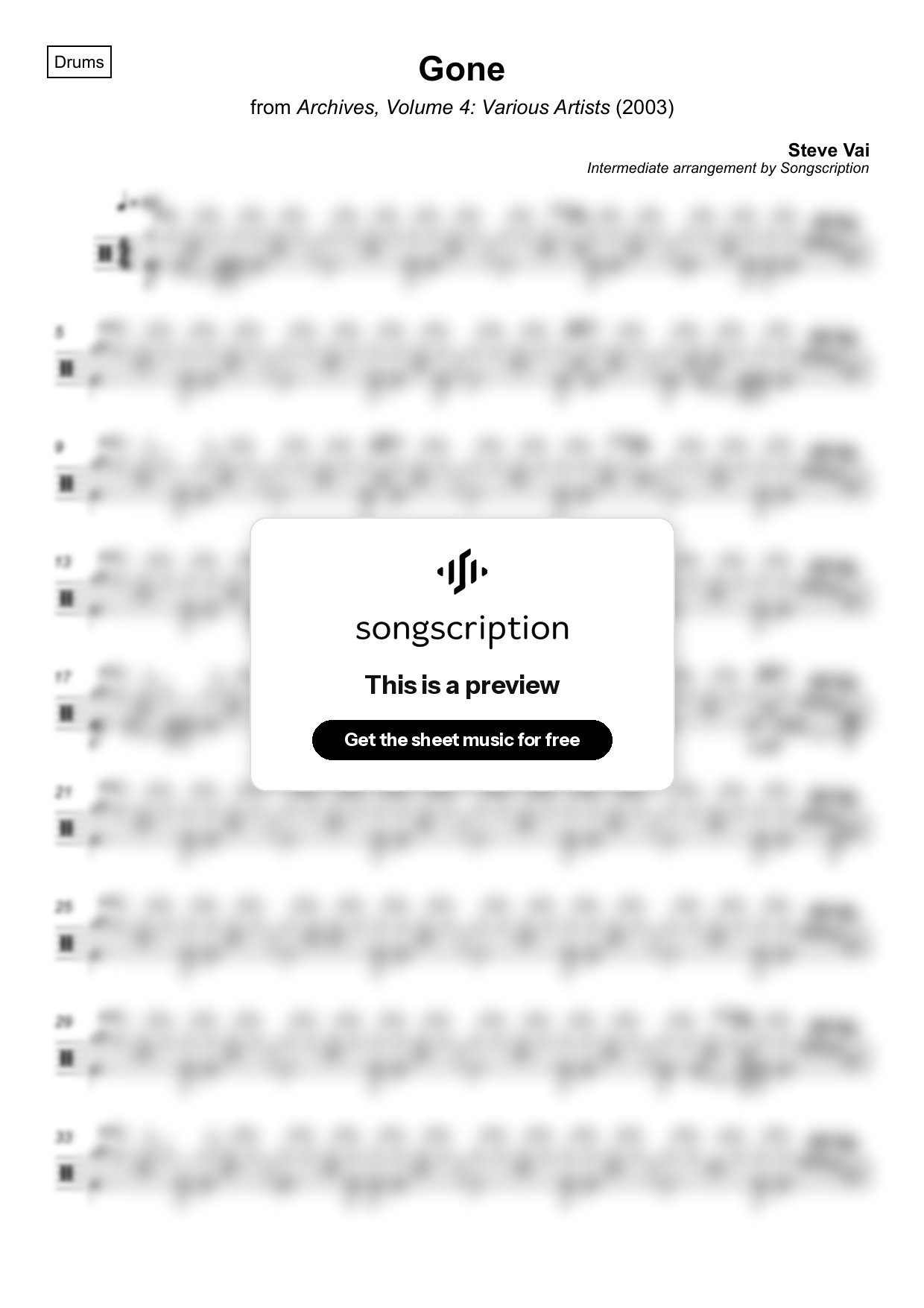Intermediate Drums Sheet Music for "Gone" by Steve Vai